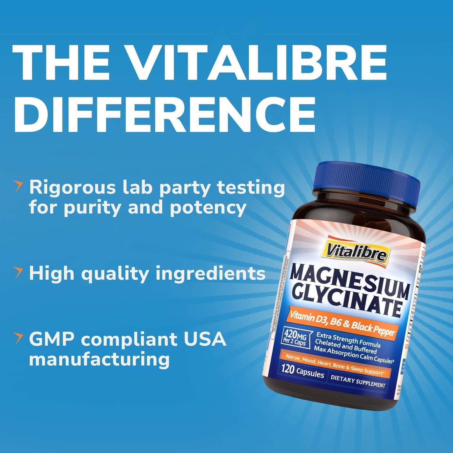 Vitalibre Magnesium Glycinate 420mg with Vitamin D3 B6, 120 Capsules