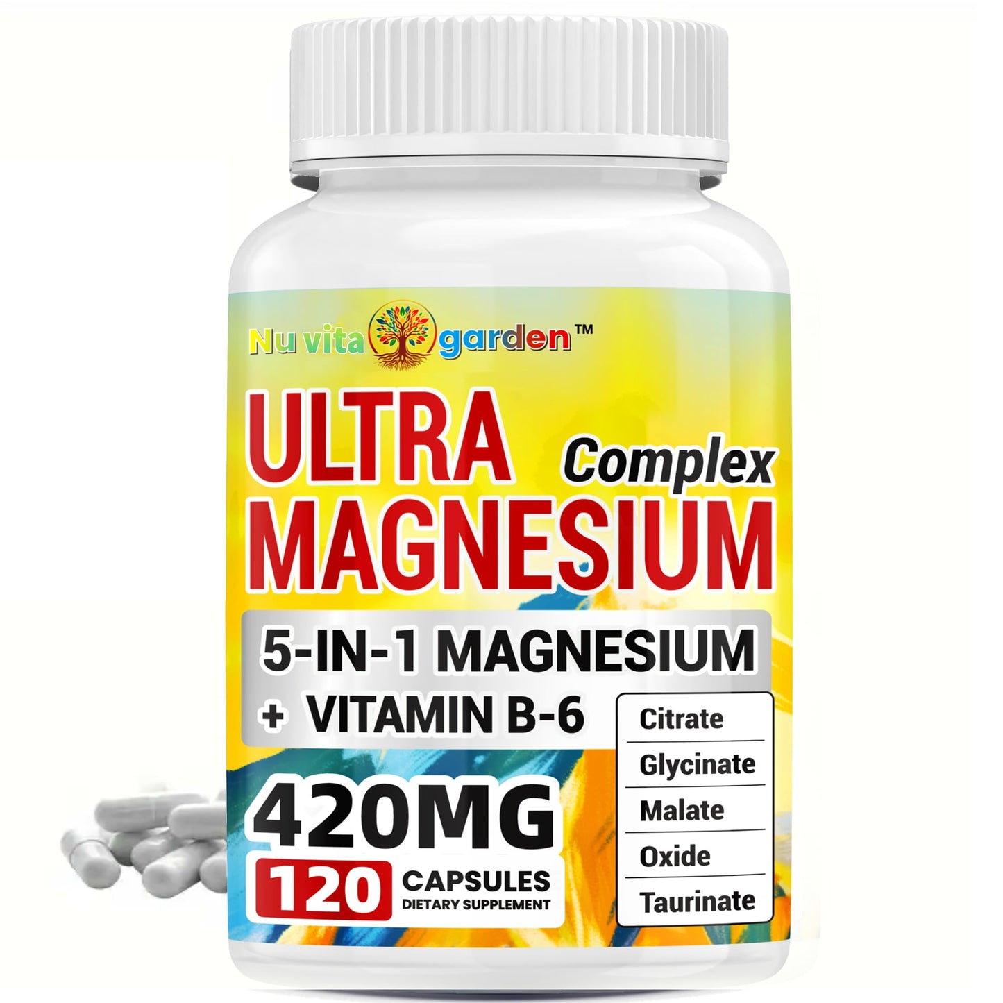 NoMiLu 5-in-1 Magnesium Complex 420mg with Vitamin B6, Chelated Glycinate, Malate, Citrate, Taurate & Oxide, High Absorption, 120 Capsules