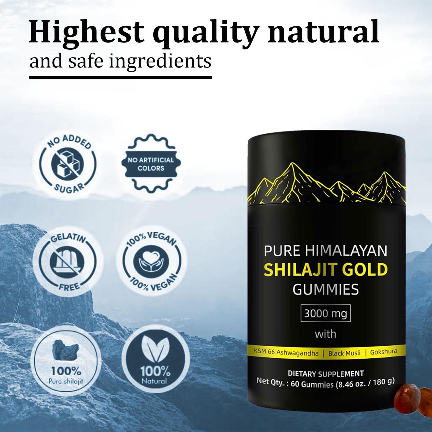 Hanachi Shilajit Gummies Alpha Gummies for Men Lab Tested No Added Sugar Ashwagandha, Gokshura Fulvic Acid & 85+ Trace Minerals for Men, Women Non-GMO, 60 Gummies