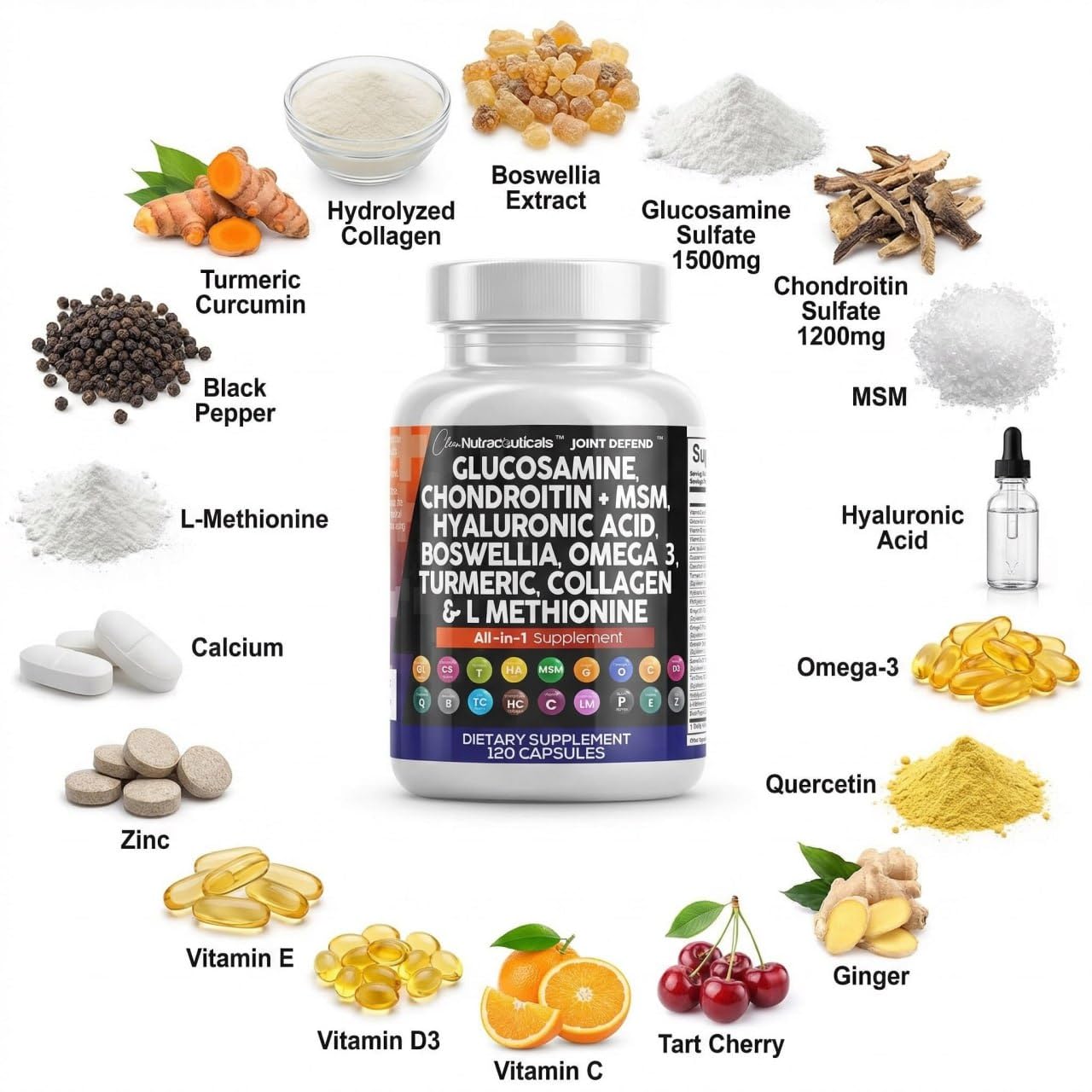 Clean Nutraceuticals Glucosamine 1500mg Chondroitin 1200mg MSM Joint Complex Capsules, 120 Capsules