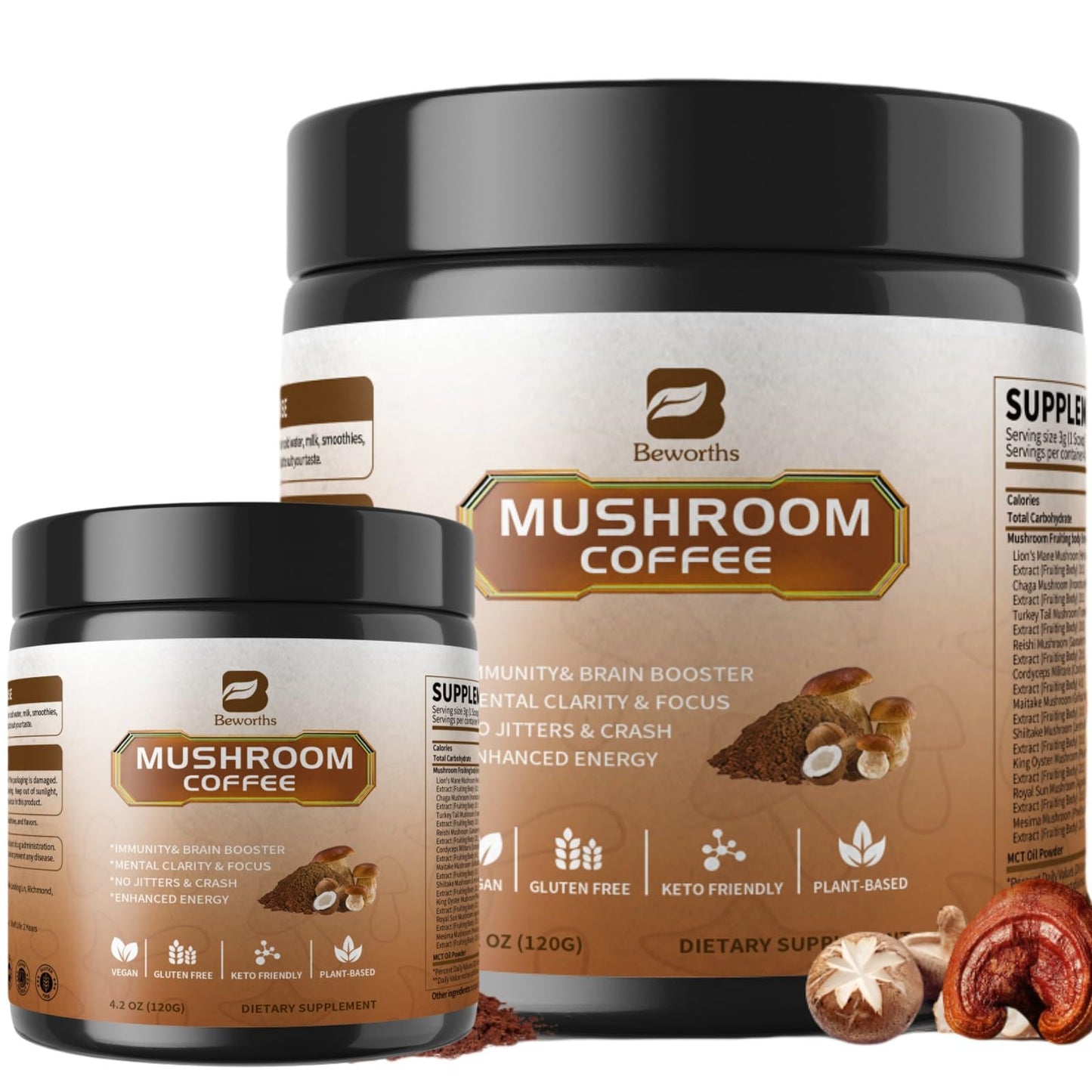 B BEWORTHS Mushroom Coffee with MCT Oil 10-Mushroom Blend (Lion's Mane, Turkey Tail, Reishi, Cordyceps & Chaga) Instant Arabica Coffee for Focus, Immune, Gut & Brain Health, Keto Powder 8.46 oz