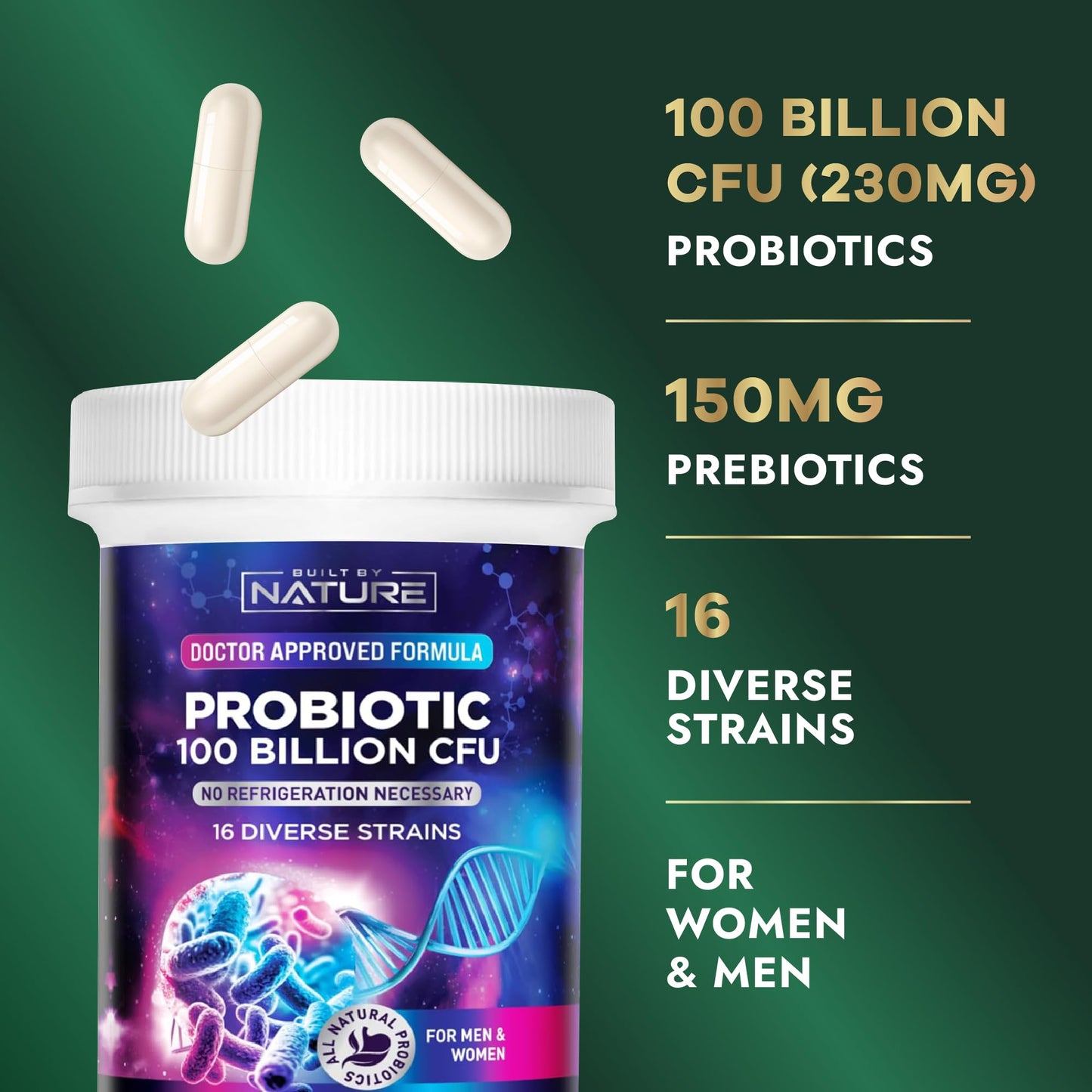 Built by Nature 100 Billion CFU Probiotic – 16 Strains + Prebiotics – Immune & Digestive Support – Delayed Release Capsules, Shelf Stable – 1 Month Supply, 30 Capsules