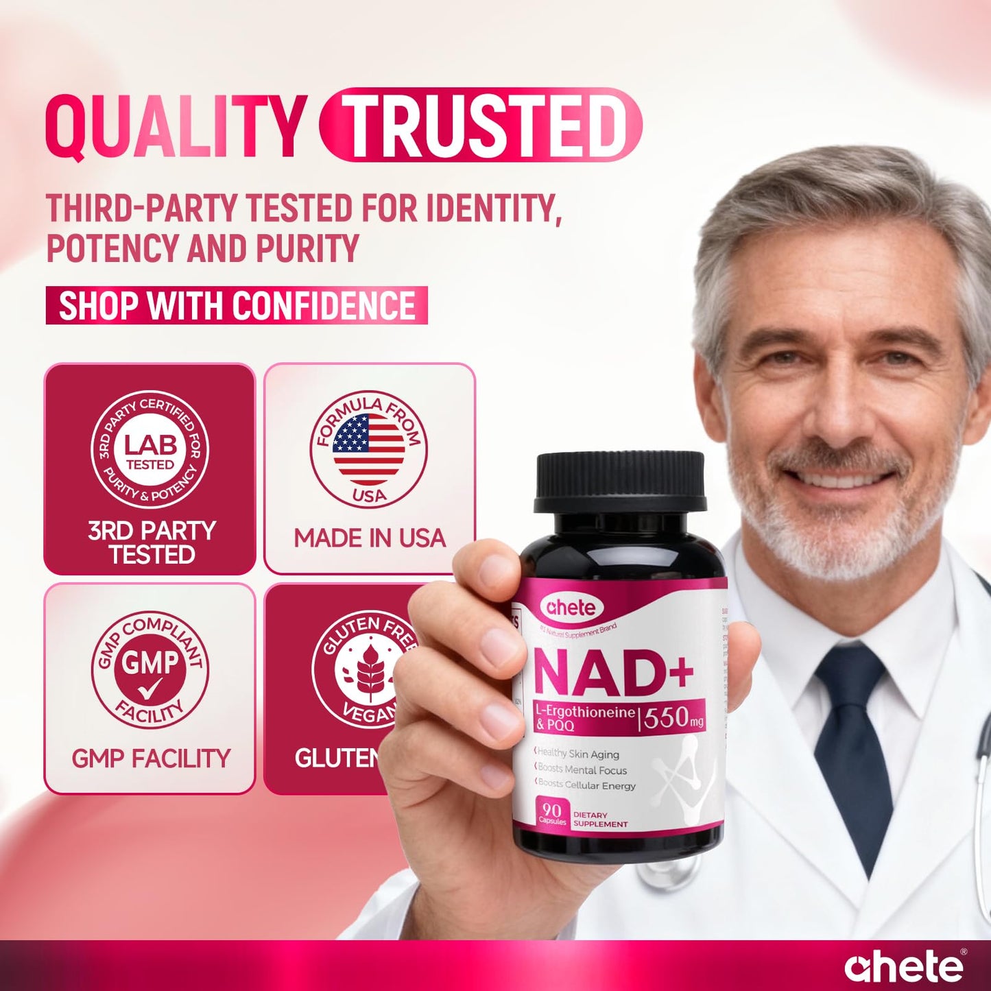 Ahete NAD Supplement with L-Ergothioneine, PQQ, Vitamin B6, and NMNH - Cellular Health, Energy Support and Healthy Aging - Vegetarian, Non-GMO, Gluten Free - 90 Capsules
