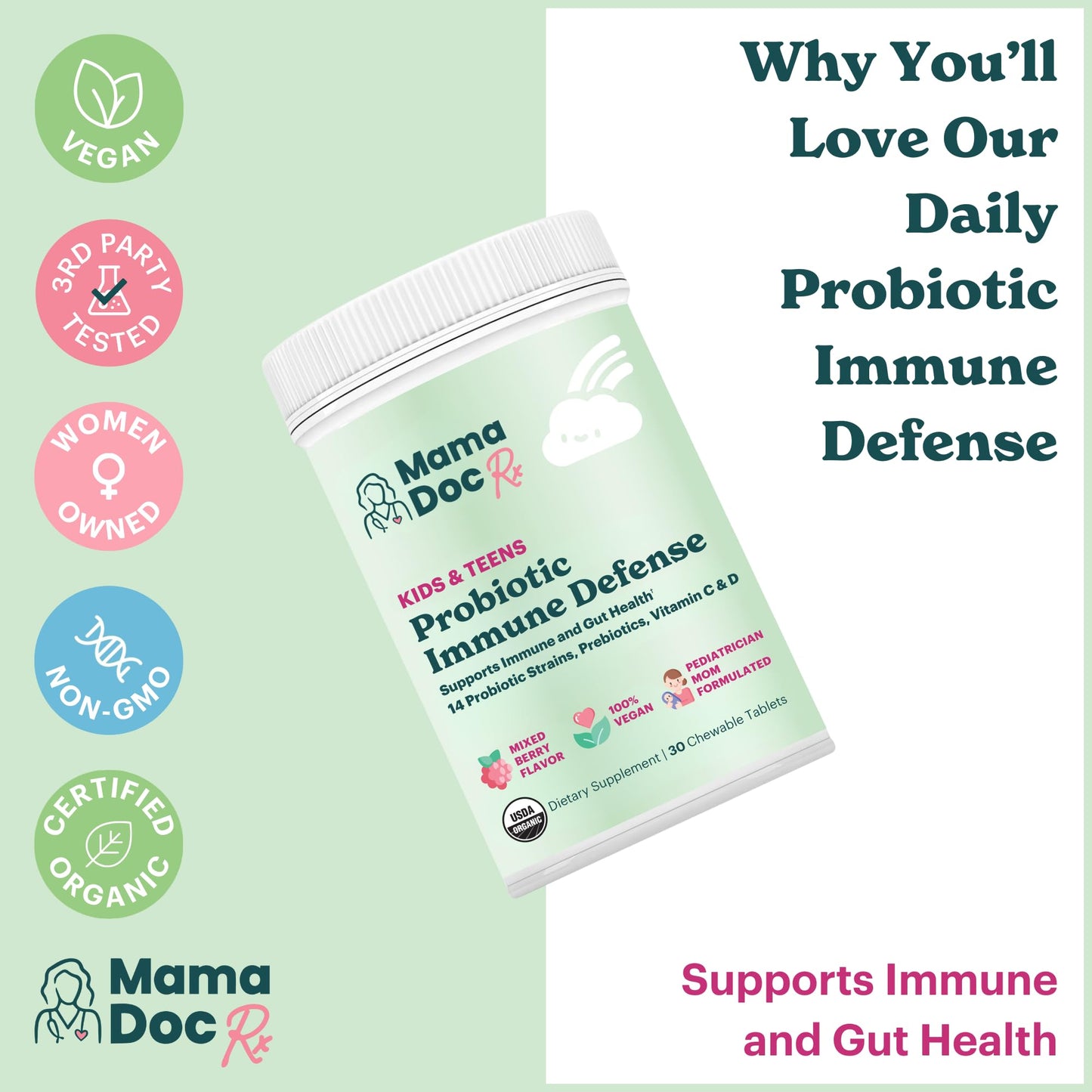 MamaDoc Rx Certified Organic Kids & Teens Probiotic Immune Defense Chewable Tablets 30 Count