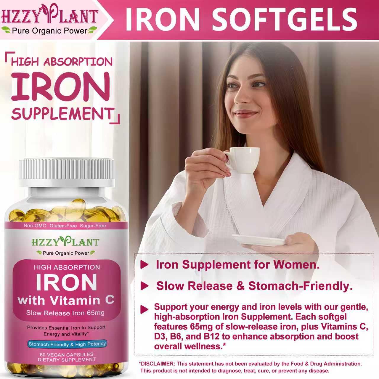 HZZYPLANT Iron Supplement for Women Softgels 60 Count