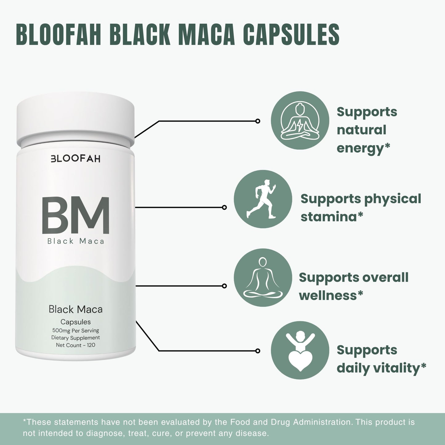 Bloofah BM Black Maca Capsules 500mg – Black Maca Root Extract 10:1 (Lepidium meyenii) Botanical Supplement, Peruvian Maca for Daily Vitality & Routine Support, 120 Capsules