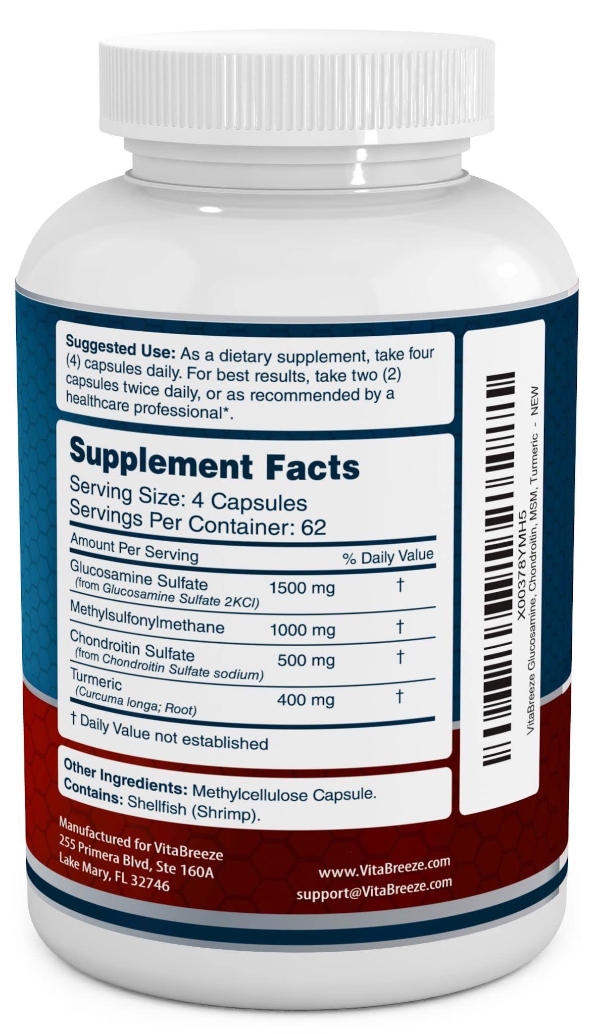 VitaBreeze Glucosamine Chondroitin, MSM & Turmeric Dietary Supplement, 248 Capsules