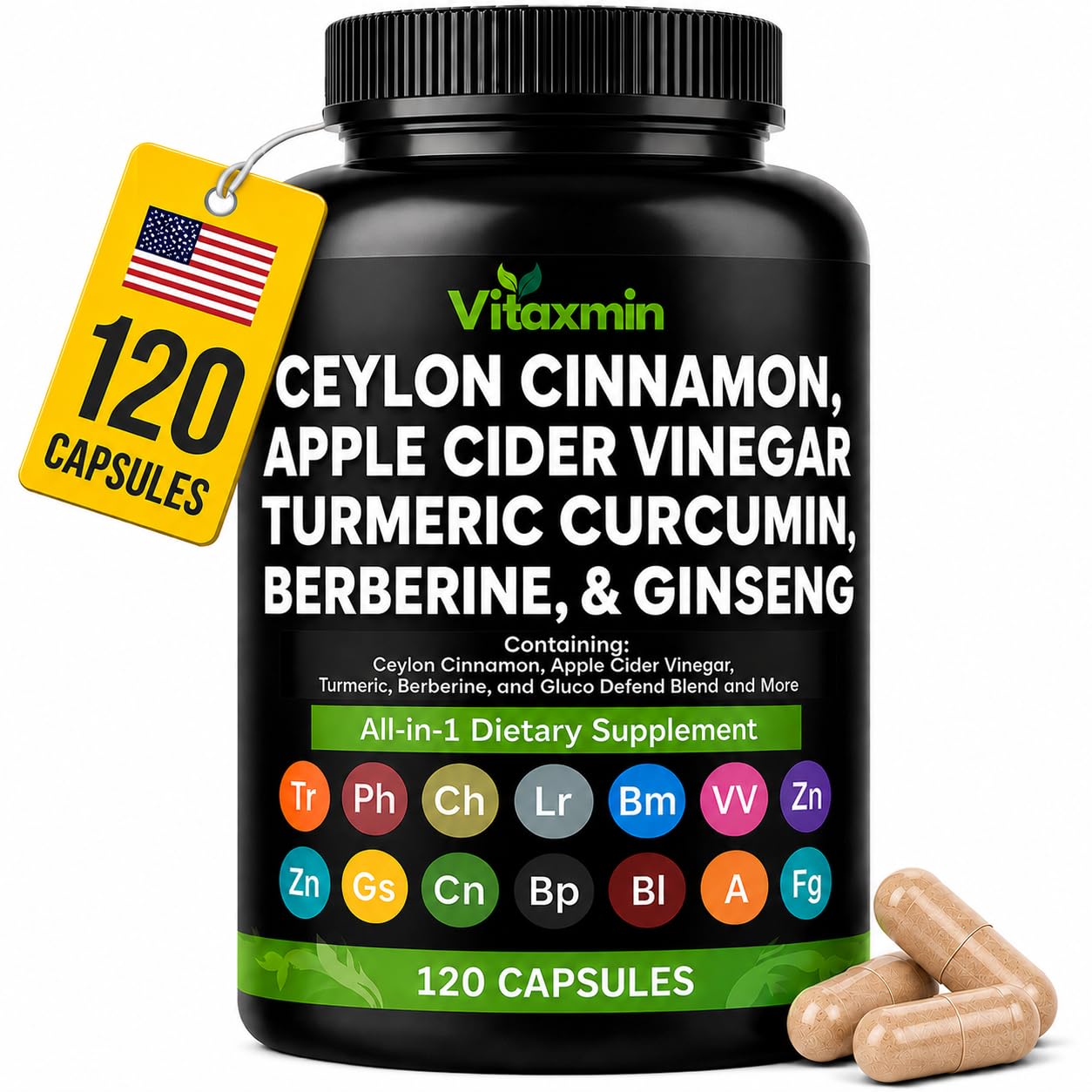 Vitaxmin Ceylon Cinnamon Capsules with Berberine, Apple Cider Vinegar, Turmeric Curcumin, Chromium, Gymnema Sylvestre, Ginseng Daily Wellness Supplement, 120 Capsules