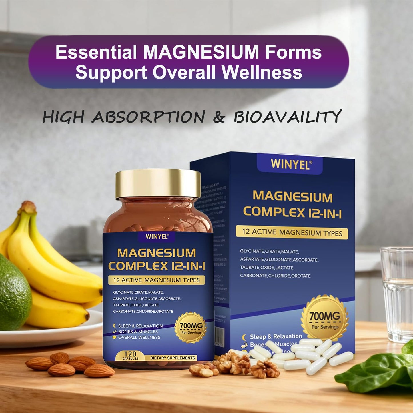 WINYEL Magnesium Complex 700mg 12-in-1 Magnesium Supplement with Glycinate, Citrate, Malate 120 Capsules