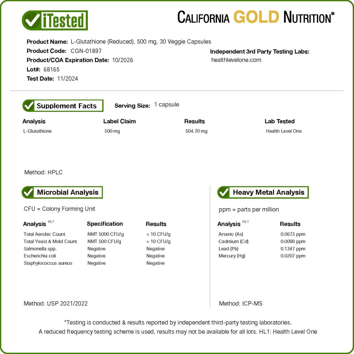 California Gold Nutrition L-Glutathione (Reduced), 500 mg, 30 Veggie Capsules