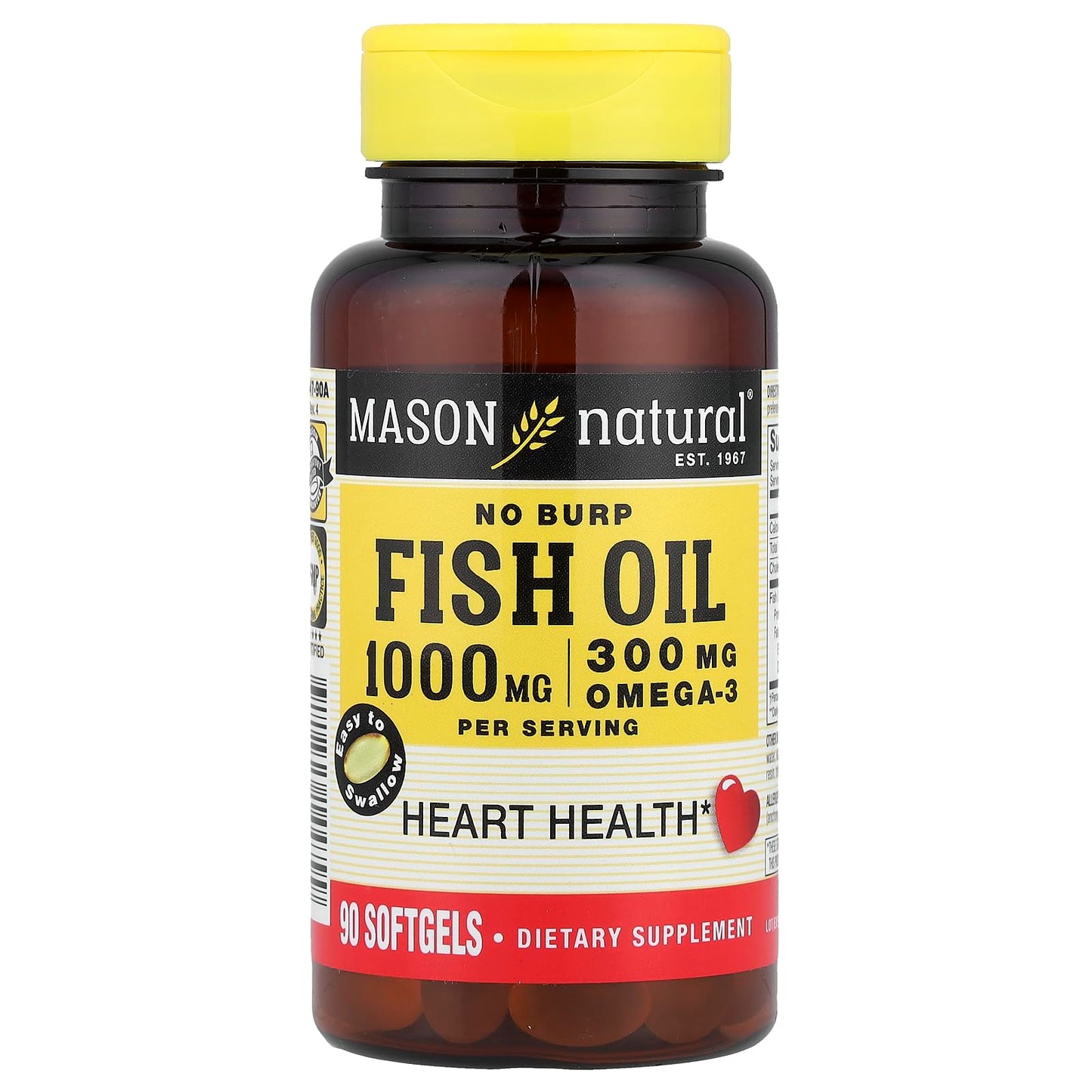 Mason Natural Fish Oil 1000 Mg No Burp Softgel, 90 Softgels