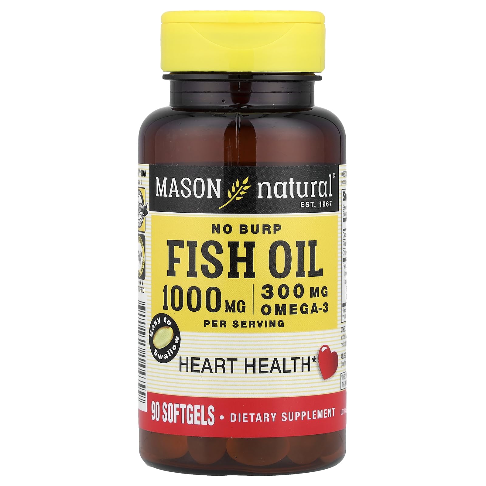 Mason Natural Fish Oil 1000 mg No Burp Softgels, 90 Count