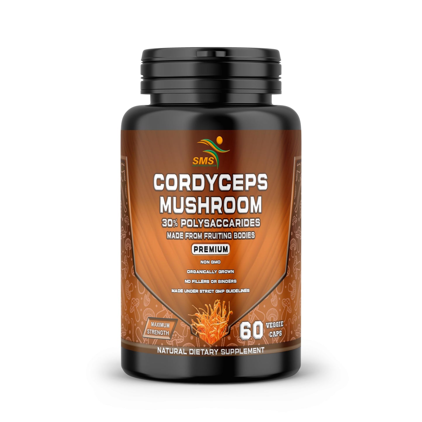 SMSHEALTHPRODUCTS.com Cordyceps Mushroom Dietary Supplement Extract with 30% Polysaccharides for Energy & Immune Support, Vegan, Non-GMO, 60 Capsules
