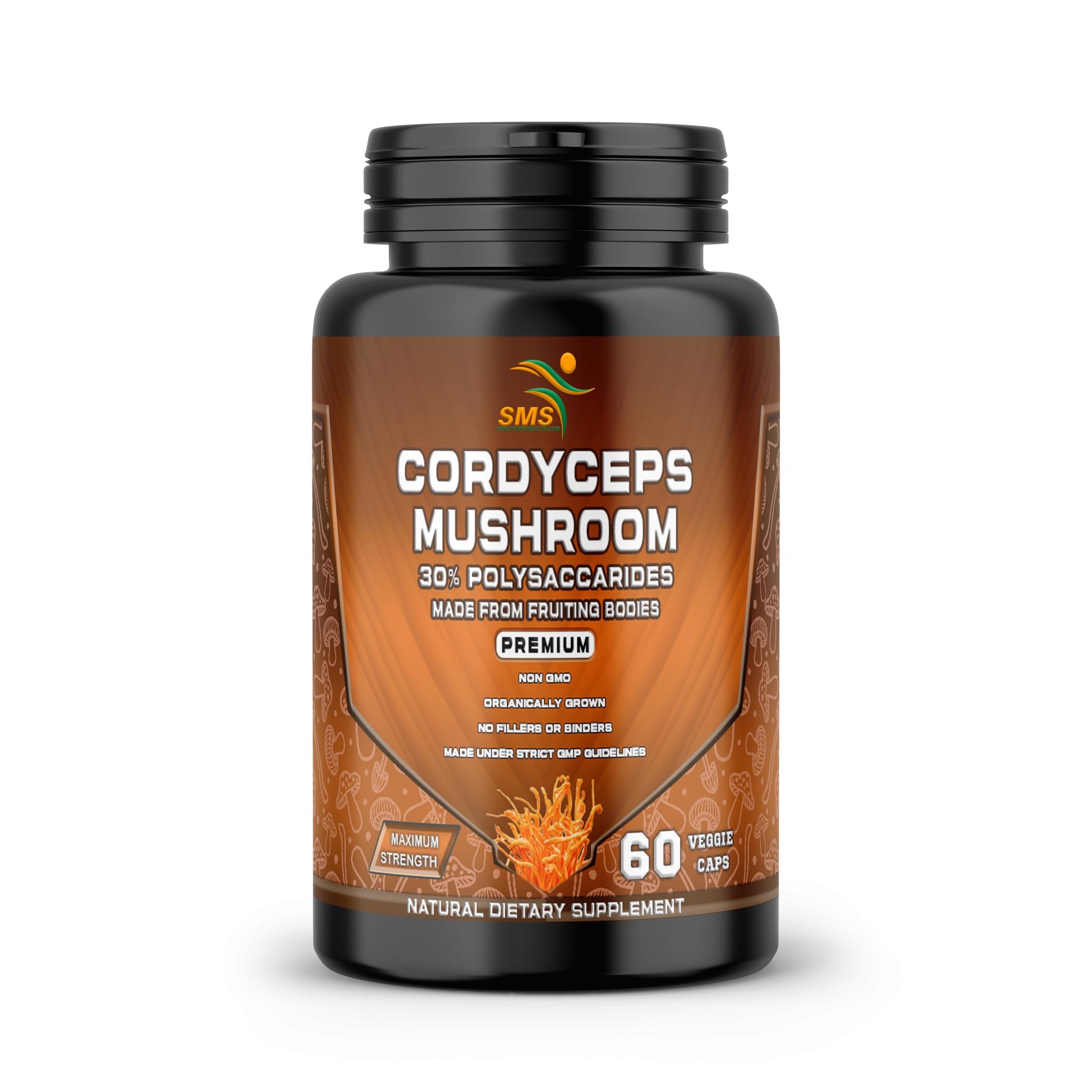 SMSHEALTHPRODUCTS.com Cordyceps Mushroom Dietary Supplement Extract with 30% Polysaccharides for Energy & Immune Support, Vegan, Non-GMO, 60 Capsules