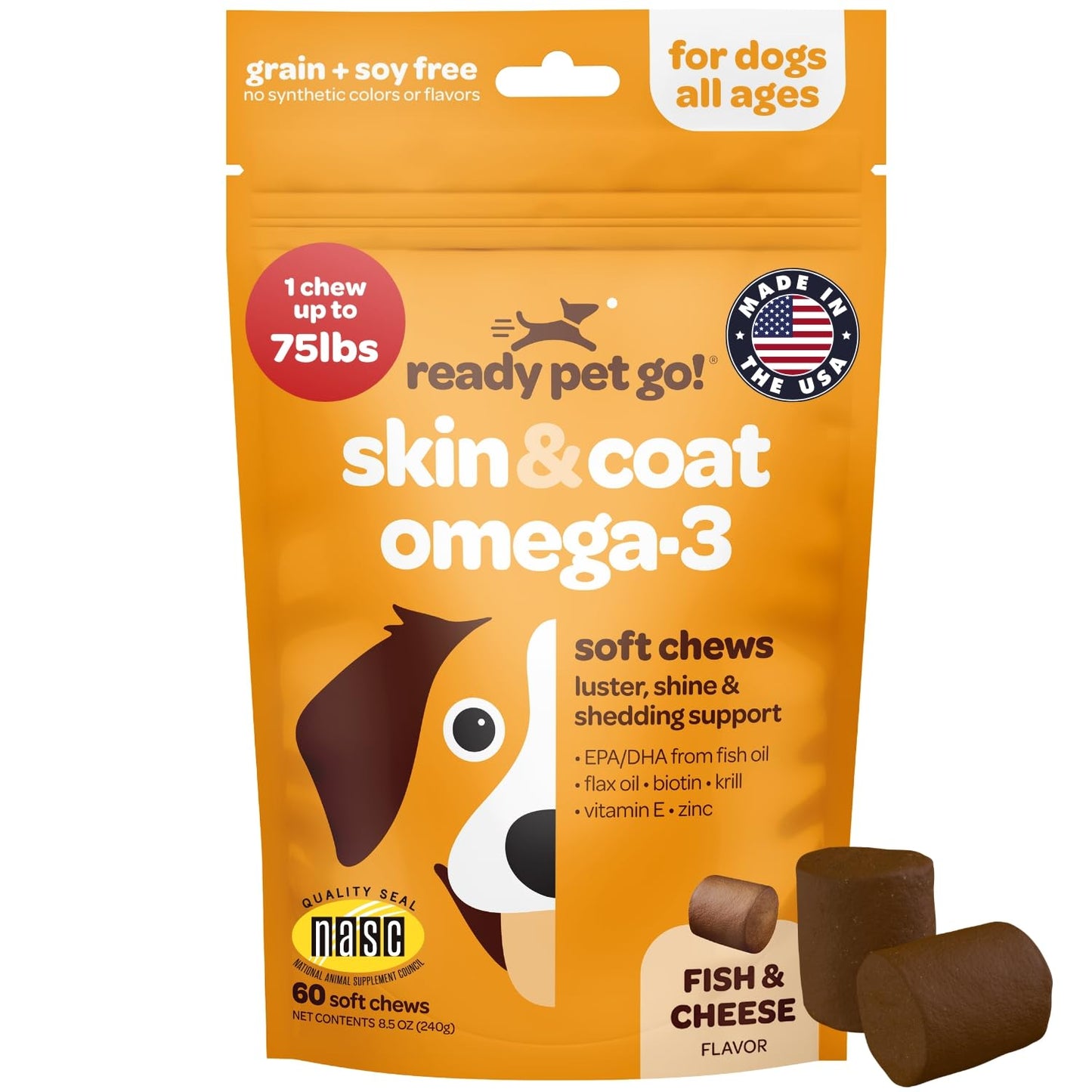Ready Pet Go! Skin and Coat Omega-3 Supplement for Dogs Soft Chews 60 Count