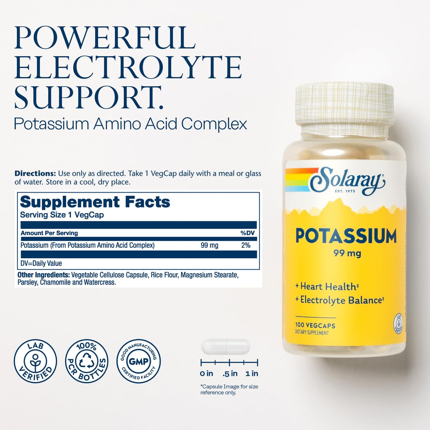 SOLARAY Potassium Supplement Capsules, 100 Vegetable Capsules