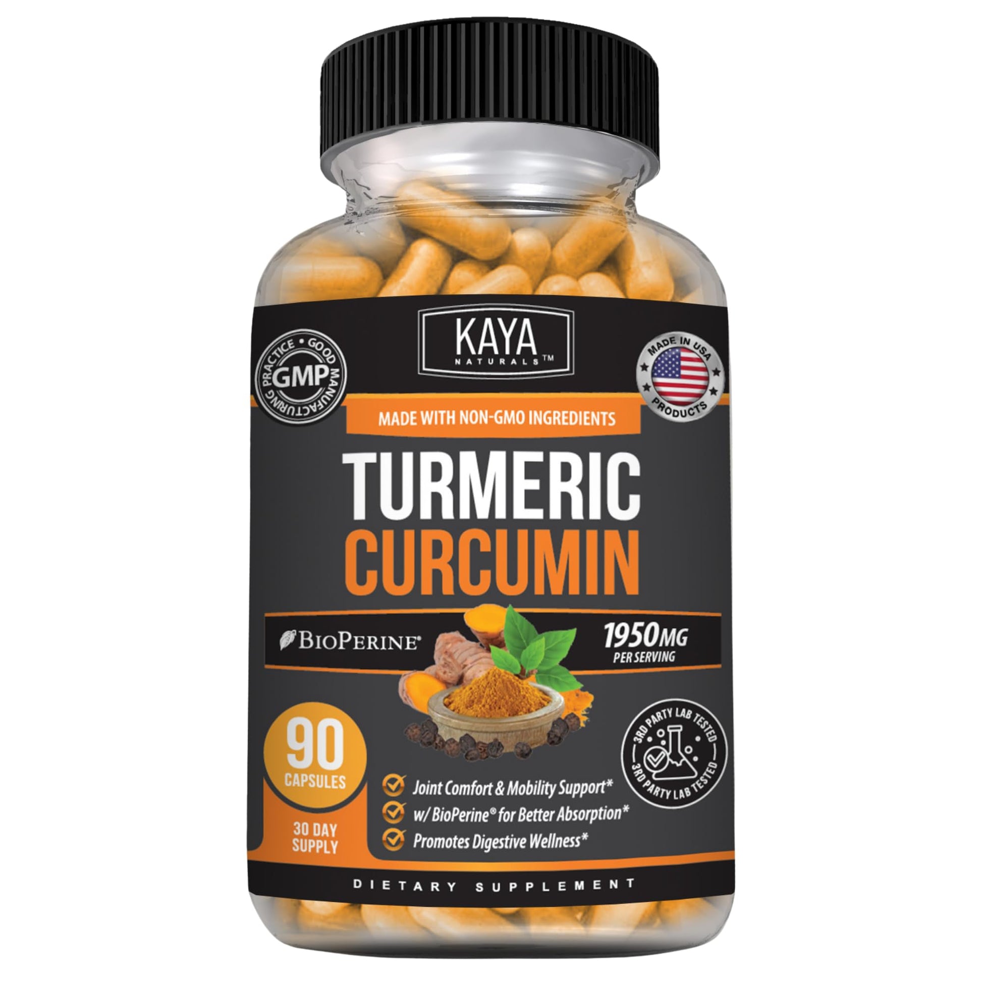 Kaya Naturals Turmeric with Ginger and BioPerine - Turmeric 95% Curcuminoids - Premium Wellness Formula Capsule, 90 Count