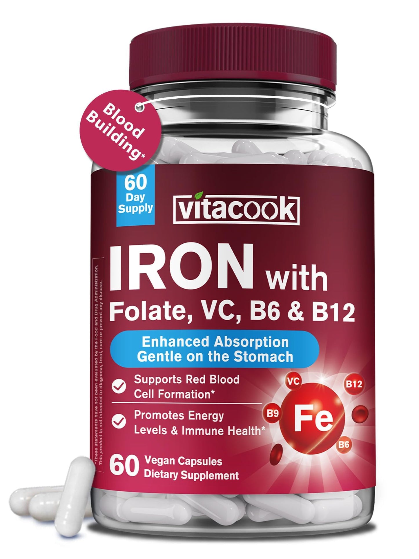 Vitacook Iron Supplement Bisglycinate with Vitamin C, B6, B12, Folate Capsule, 60 Count