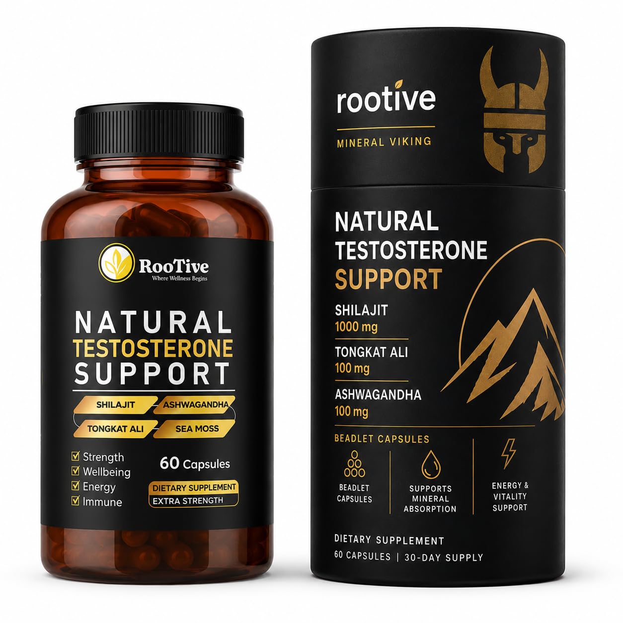 ROOTIVE Natural Testosterone Support for Men – Premium Shilajit Supplement with Tongkat Ali, Ashwagandha, Zinc, Magnesium & Boron – Fulvic Acid for Energy, Stamina & Male Vitality, Capsules, 60 Count