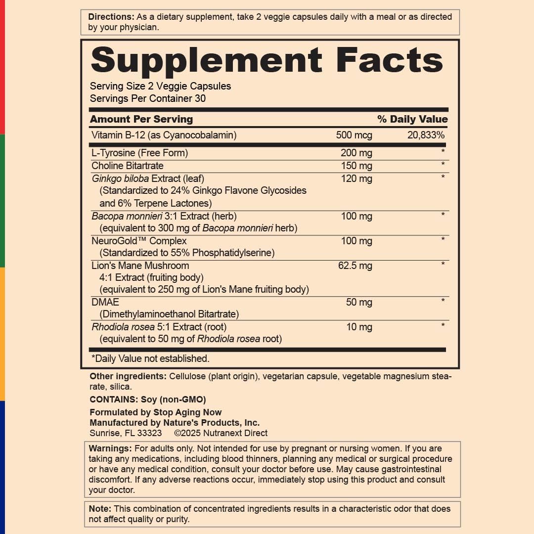 Stop Aging Now Brain Supplement Complex with Ginkgo Biloba, Lion's Mane, Bacopa, and DMAE 60 Capsules