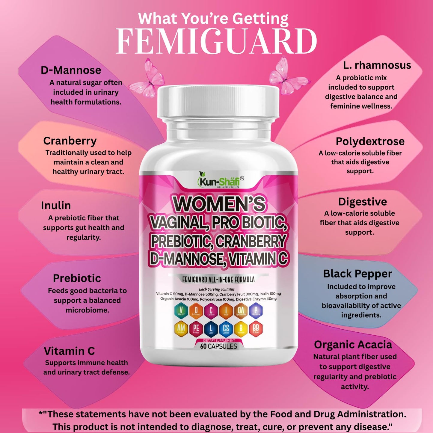 Kun Shafi Vaginal Probiotic for Women – Cranberry, D-Mannose, Inulin, Vitamin C, Prebiotic & Enzyme Complex – Feminine Health, UTI Cleanse & pH Balance Support, 60 Capsules