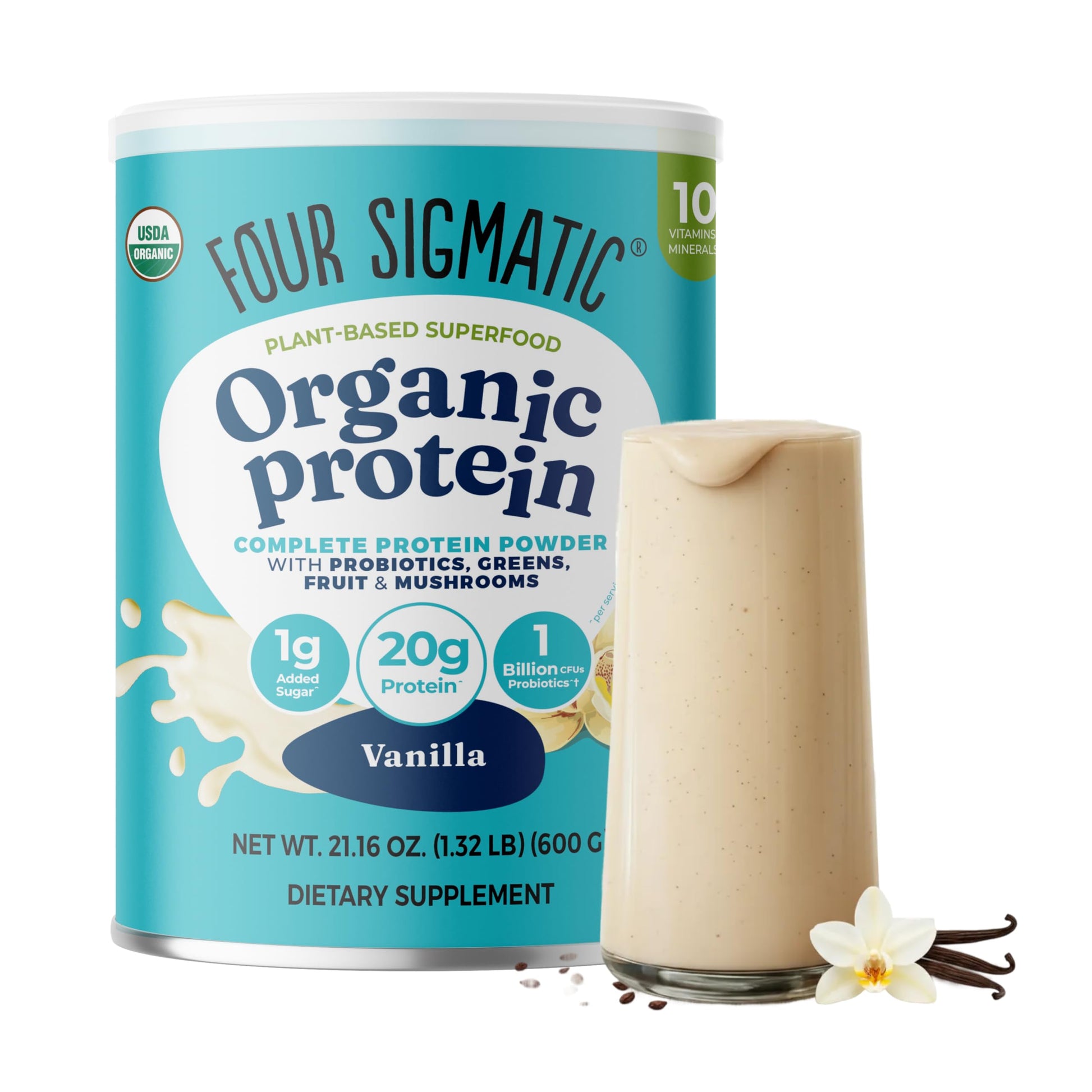 Four Sigmatic Organic Vegan Protein Powder, 21.16 oz, Vanilla