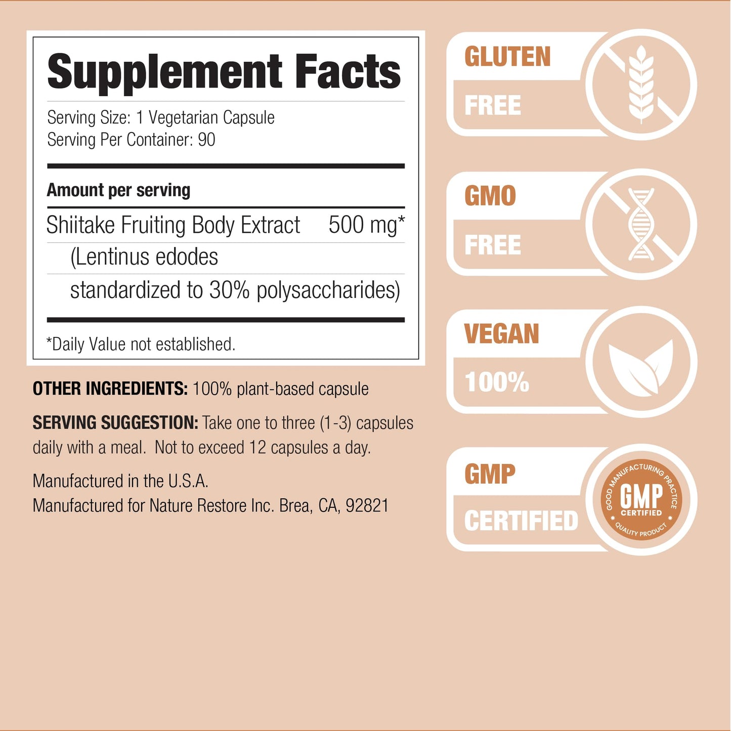 Nature Restore Shiitake Mushroom Extract Supplement Capsules, 90 Count