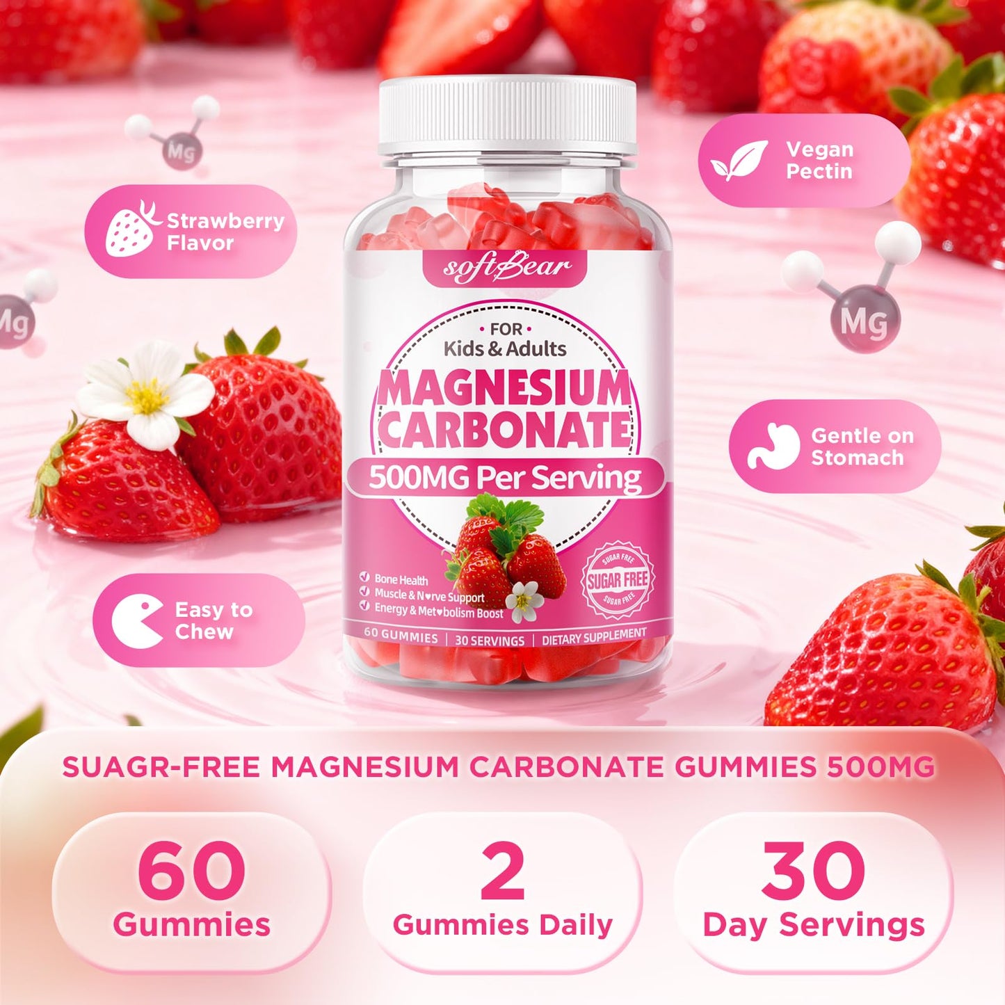 Softbear Magnesium Carbonate Gummies 500mg, Sugar-Free, Strawberry Flavor, 60 Count