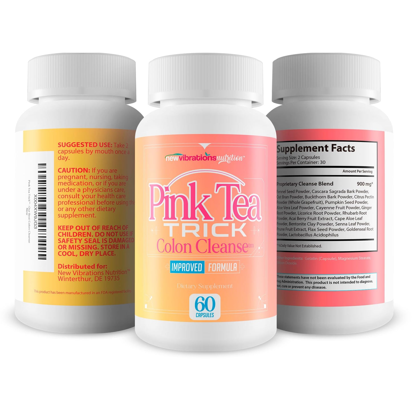 New Vibrations Nutrition Pink Tea Trick Colon Cleanse Capsule 60 Count