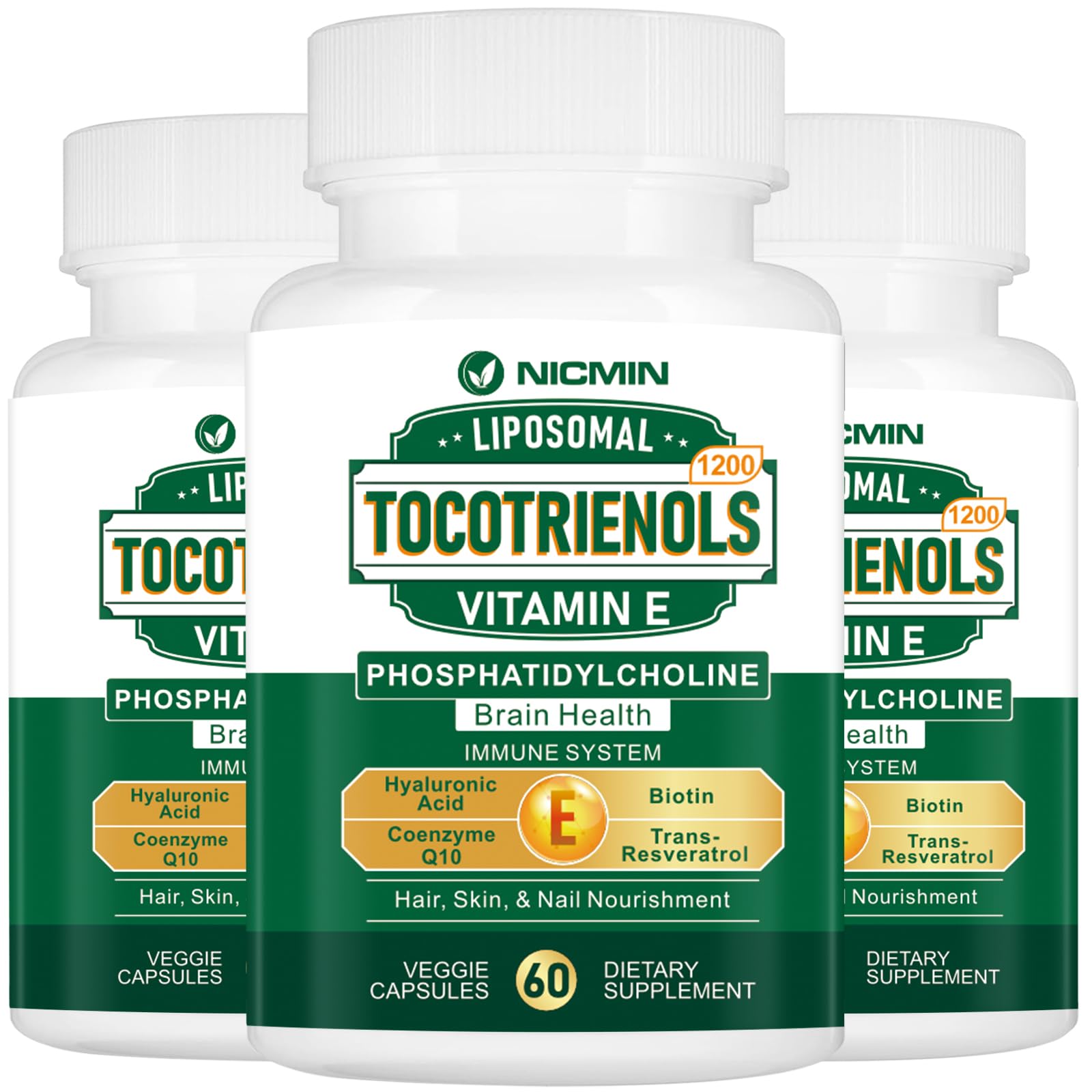 NICMIN Vitamin E Tocotrienols Liposomal Capsule, 1200mg with Phosphatidylcholine, 95% Delta-tocotrienols and 5% Gamma-tocotrienols, High Absorption for Heart and Brain Function, 60 Capsules