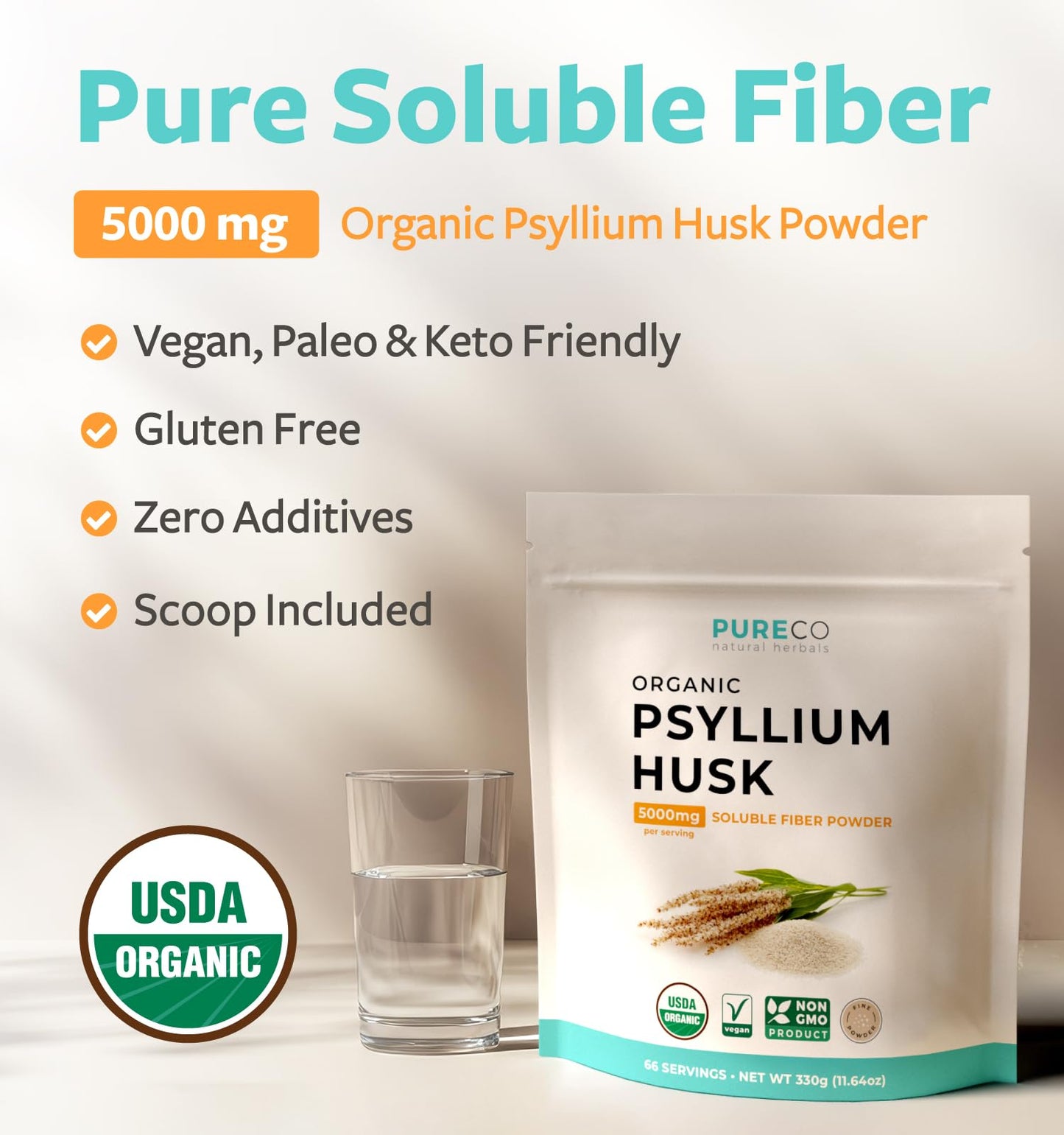 PURE CO Psyllium Husk Powder Organic Certified, 11.64 oz