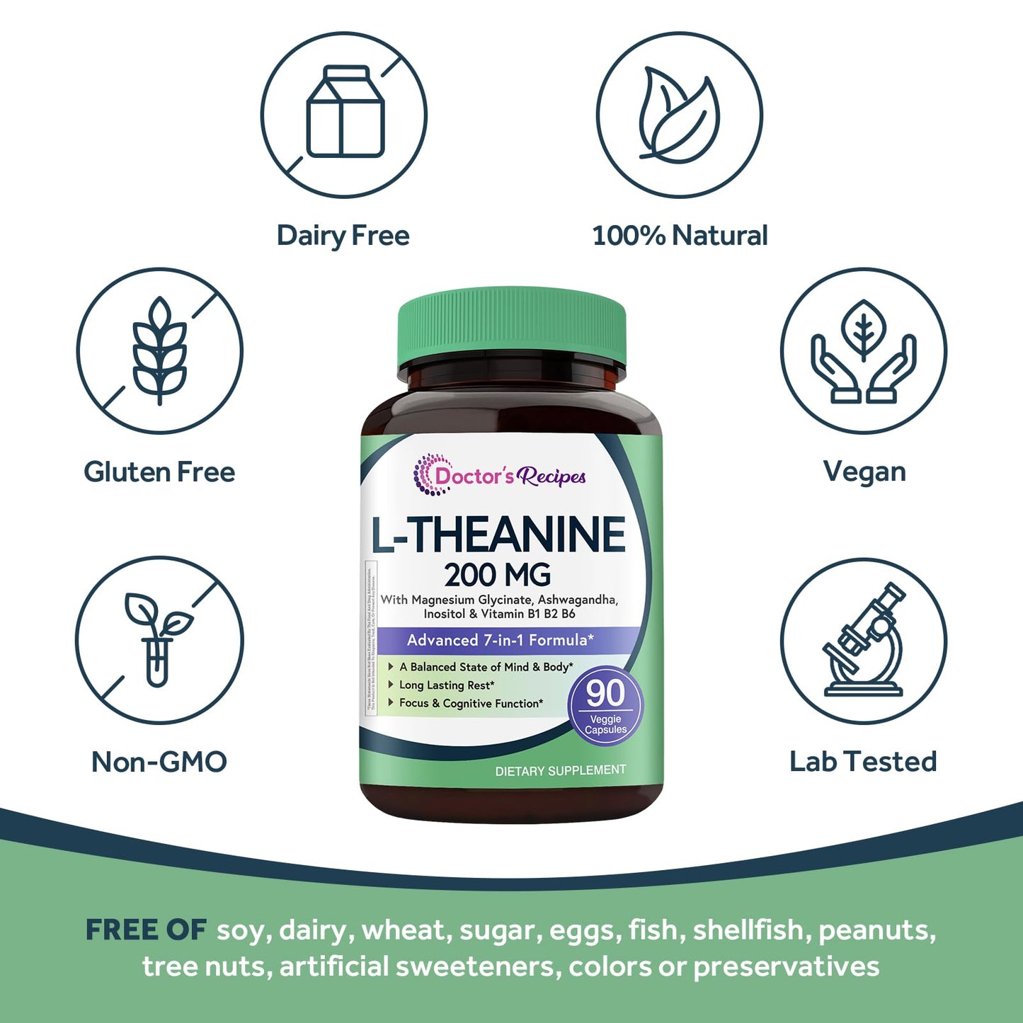 Doctor's Recipes L-Theanine 200 mg, Magnesium Glycinate, Ashwagandha, Inositol, Vitamin B6 B1 B2 Calm Relaxation Mood Cortisol Manager Nerve Focus Sleep Aid, Vegan Capsules, 90 Count