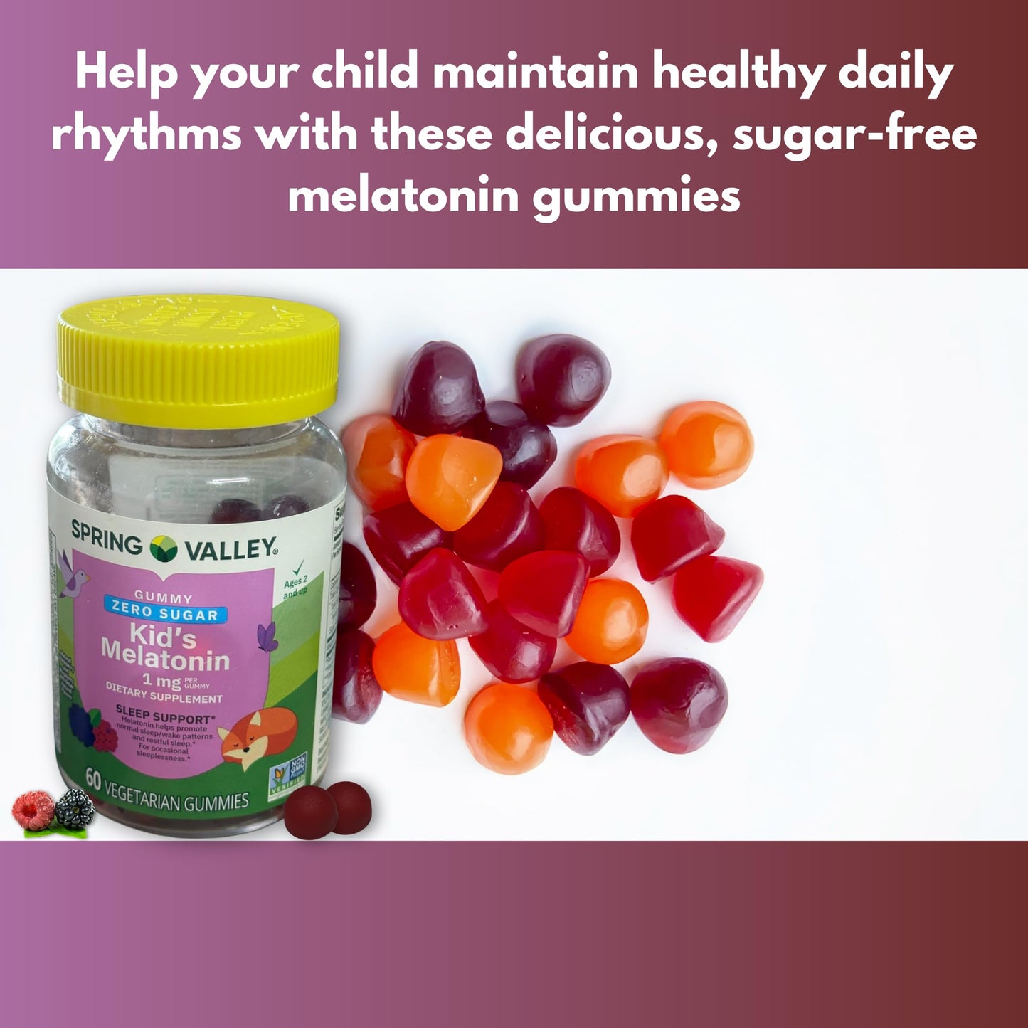 FUSION SHOP STORE Melatonin Kids 1 mg Sugar Free Gummies BlackBerry and Raspberry, 60 Count