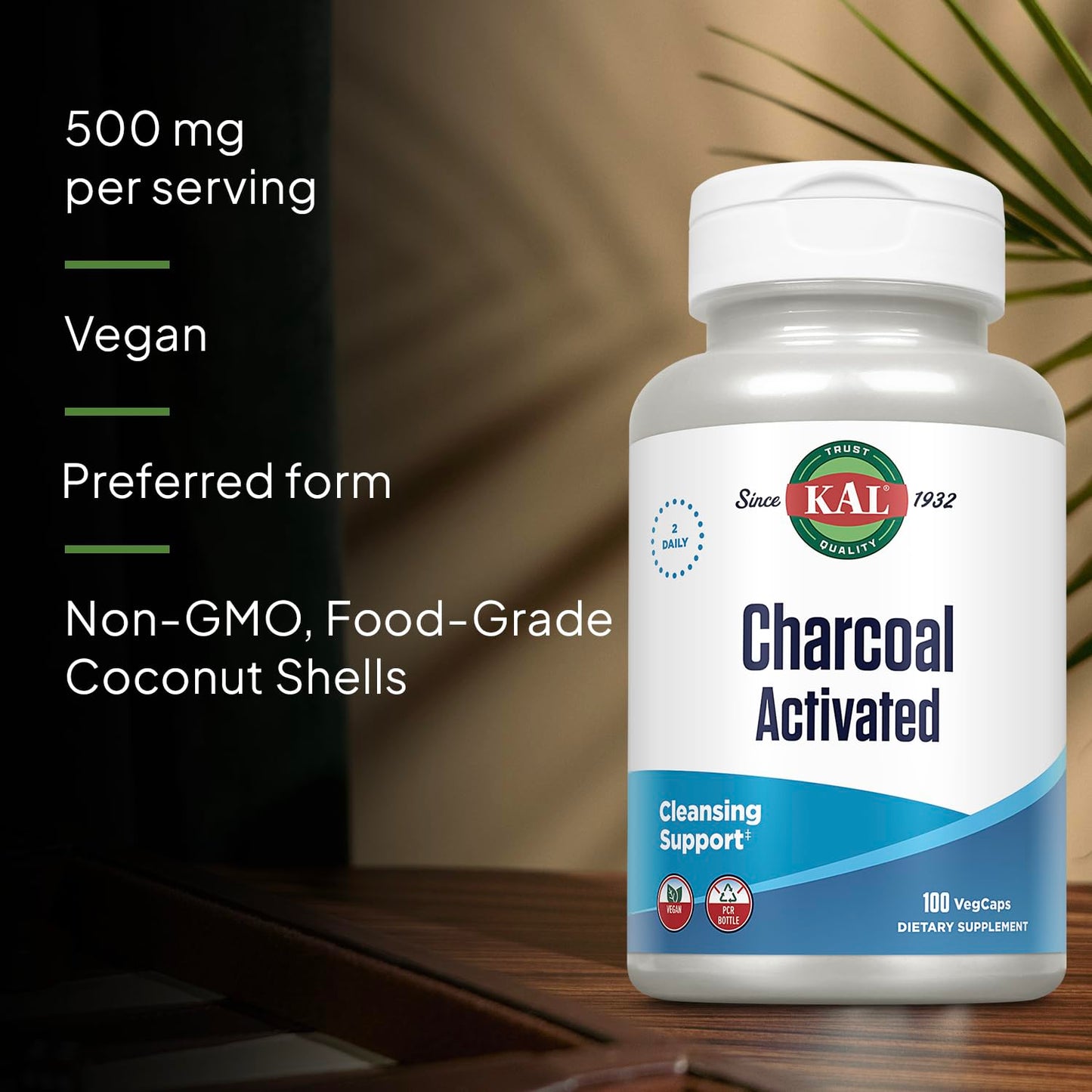 KAL Activated Coconut Shell Charcoal 280mg Capsule, 100 Count