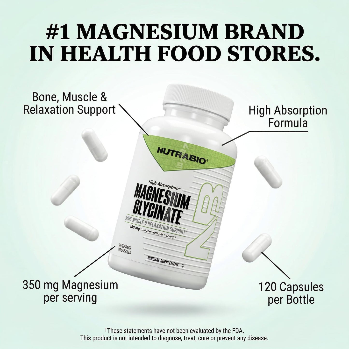 NutraBio Magnesium Glycinate Capsules, 120 Capsules