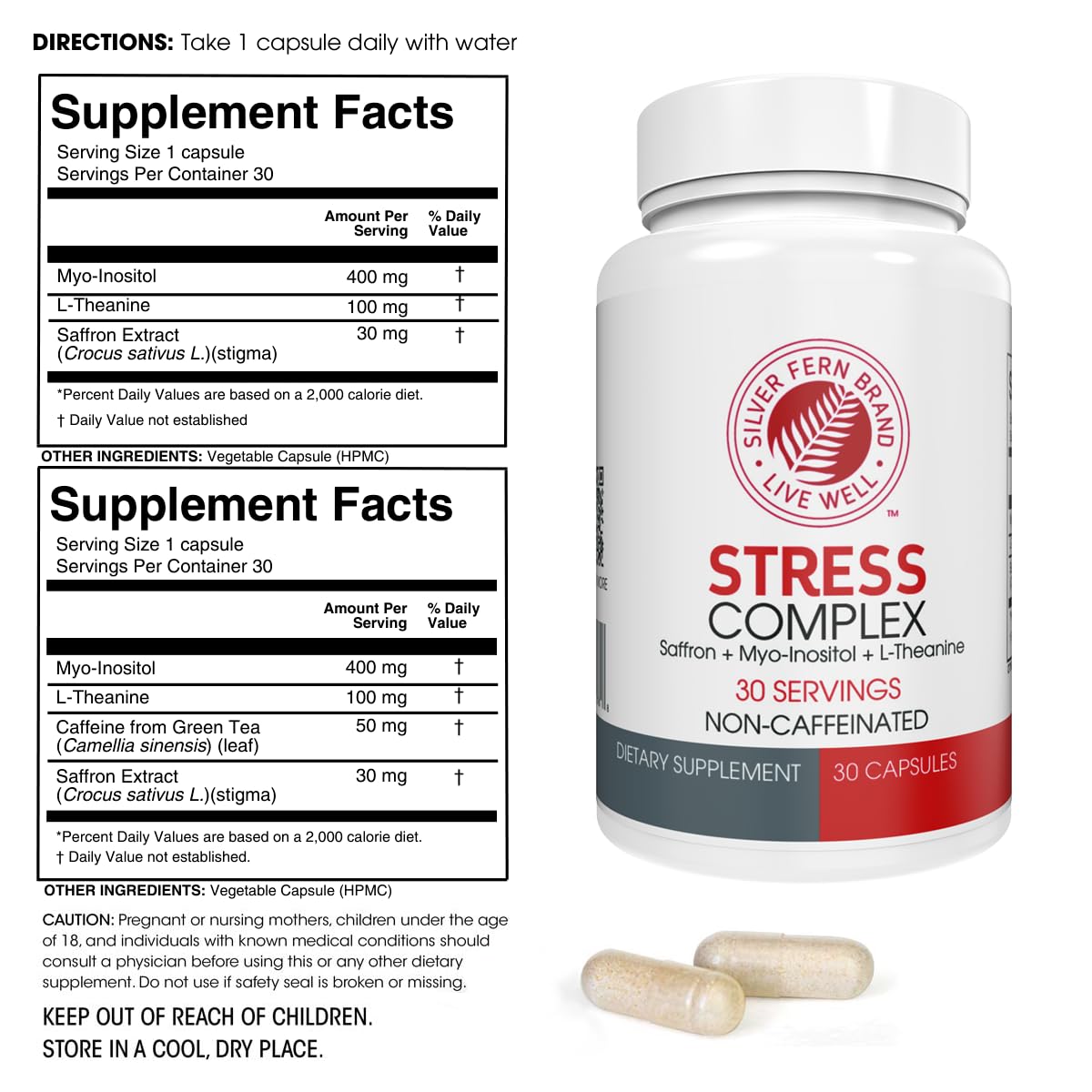 Silver Fern Stress Complex Capsule with Caffeine for Sleep, Worry & Mood Support, Saffron, L-Theanine & Myo-Inositol, Natural Stress Relief 1 Capsule