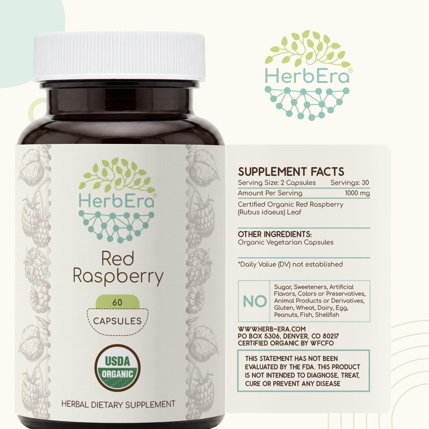 HerbEra USDA Organic Red Raspberry Leaf Capsules, 60 Capsules