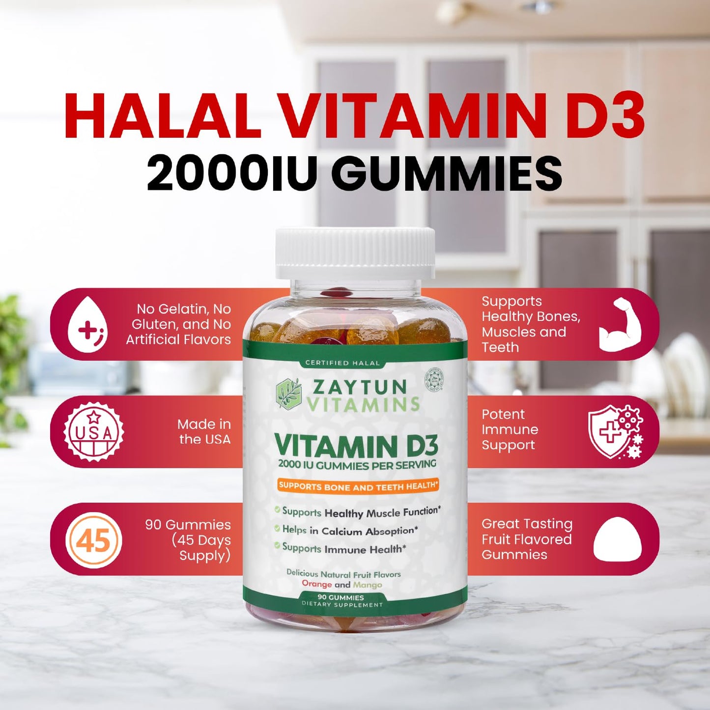 Zaytun Vitamins Vitamin D3 2000 IU Gummies, 90 Count
