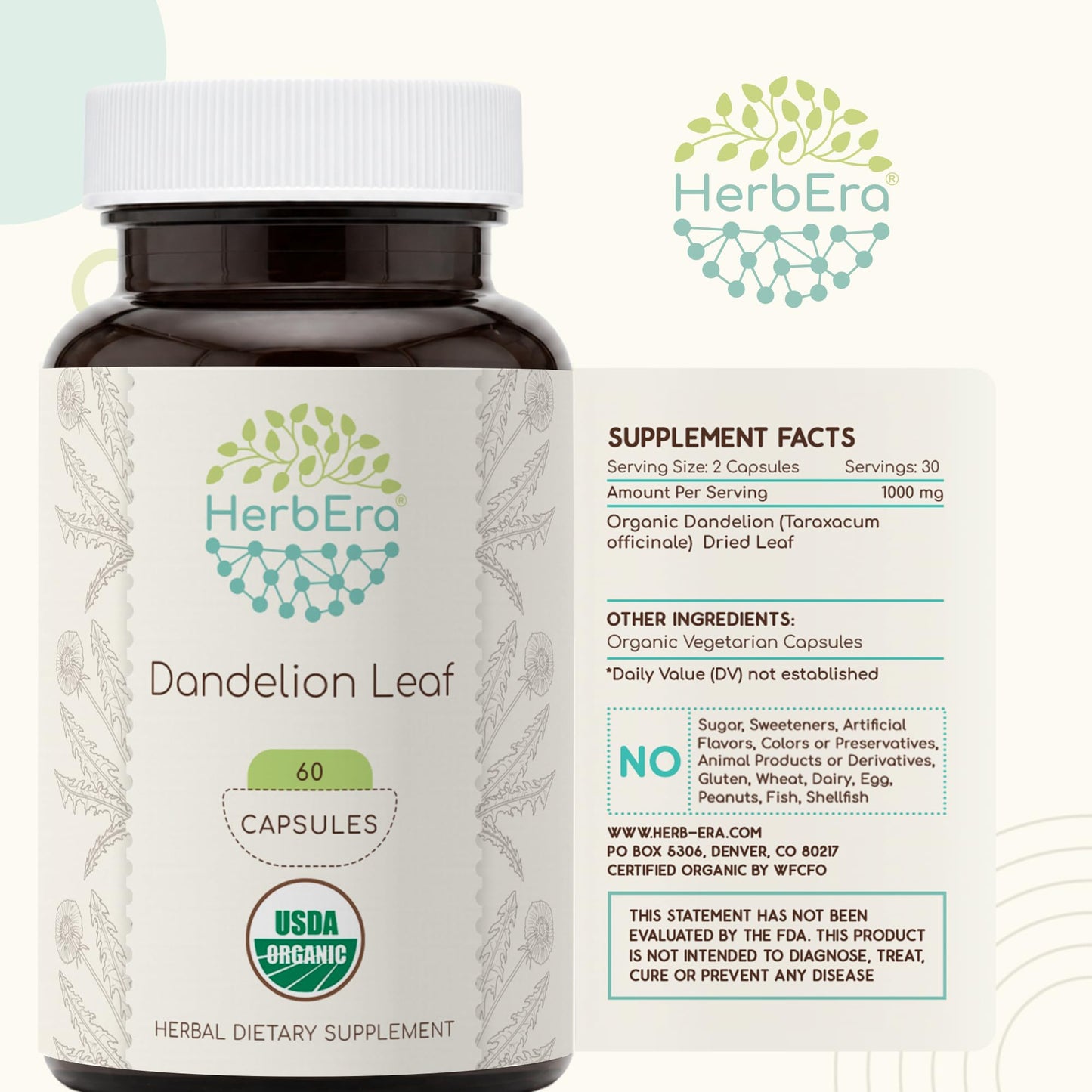 HerbEra Dandelion Leaf Capsules, USDA Organic, Taraxacum Officinale, Digestive & Antioxidant Support, 60 Capsules