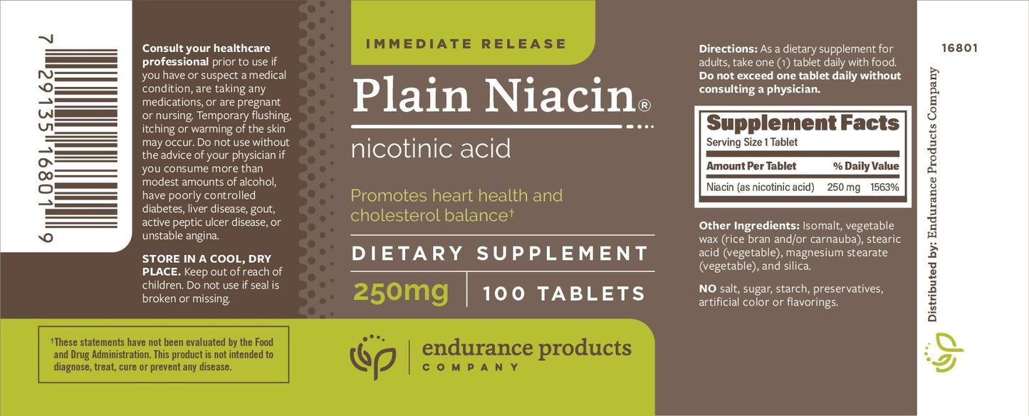 Endurance Products Endur Plain Niacin (Nicotinic Acid) 250mg Tablet, 100 Tablets