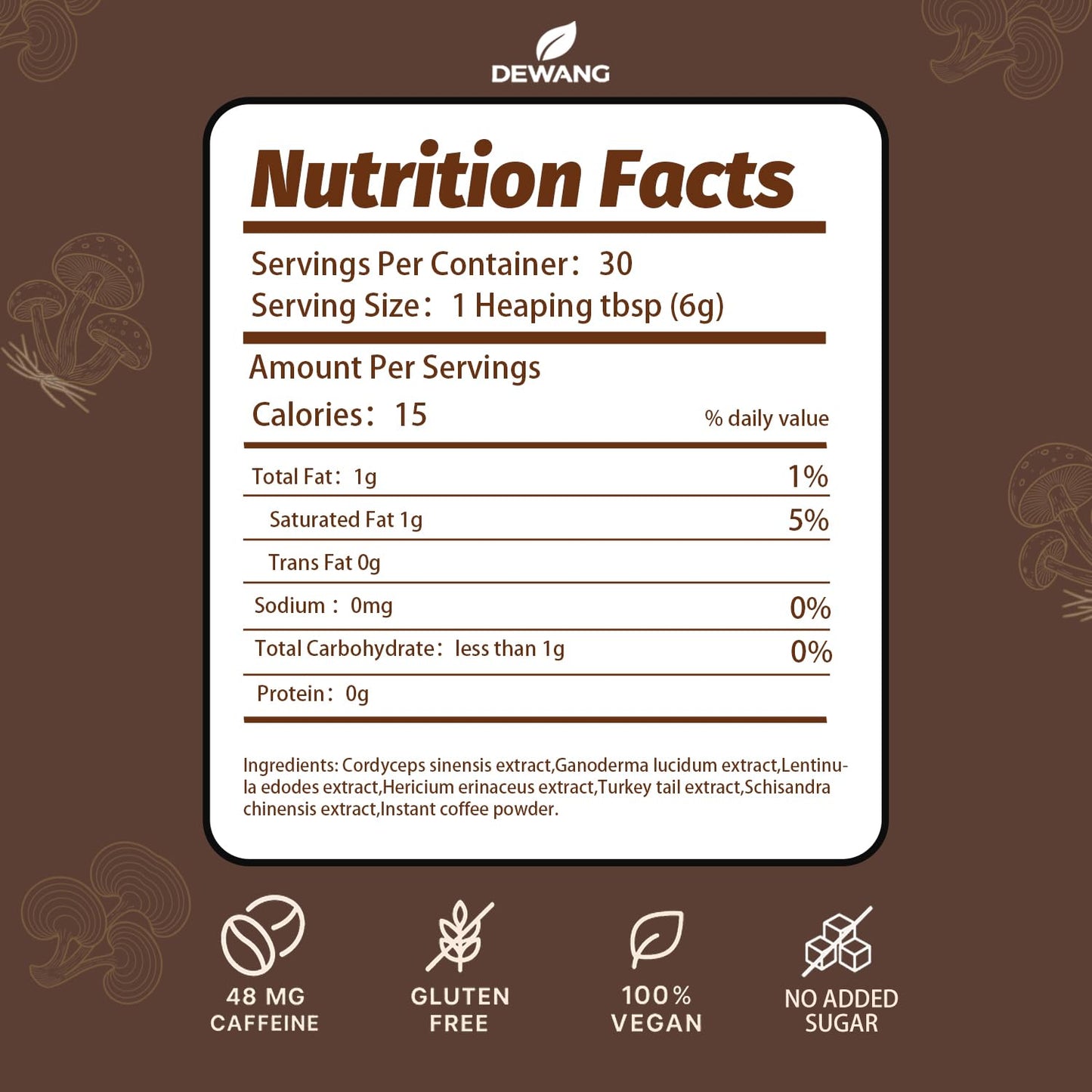 DEWANG Mushroom Coffee 6-Mushroom Instant Blend Powder with Lion’s Mane, Cordyceps, Reishi, King Trumpet, Shiitake & Turkey Tail, 6.35 Ounce