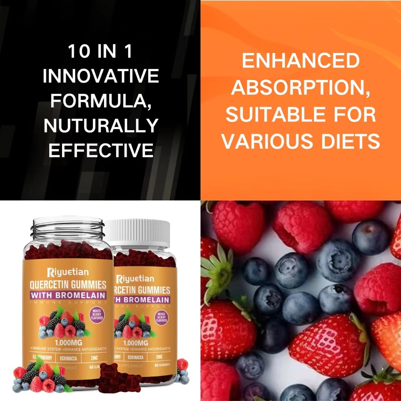 Riyuetian Quercetin with Bromelain, Zinc & Vitamin C Gummy 60 Count