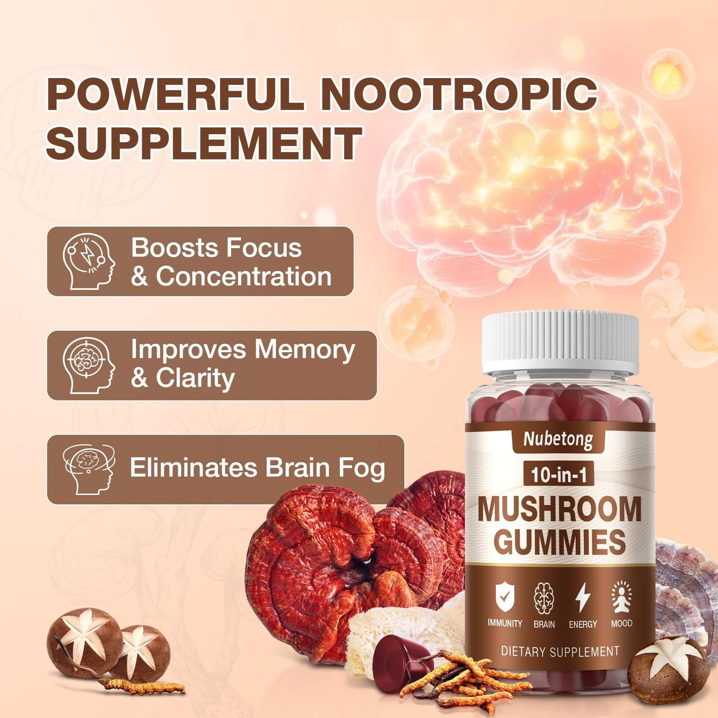 Nubetong Mushroom Gummies for Adults - 10x Mushroom Supplement 160 Gummies