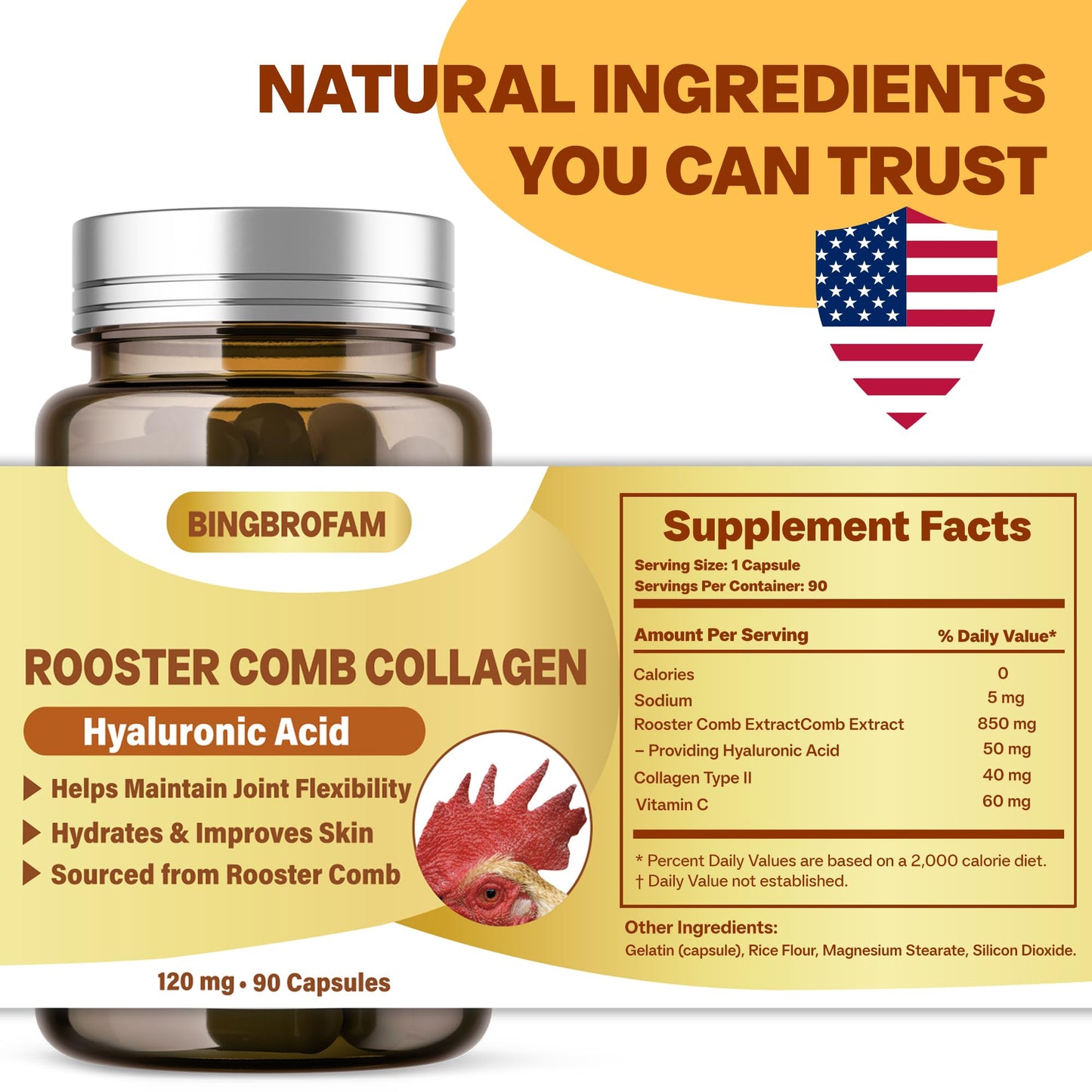 QIFEISHANKA Rooster Comb Collagen with Hyaluronic Acid Capsules 120mg, 60 Capsules