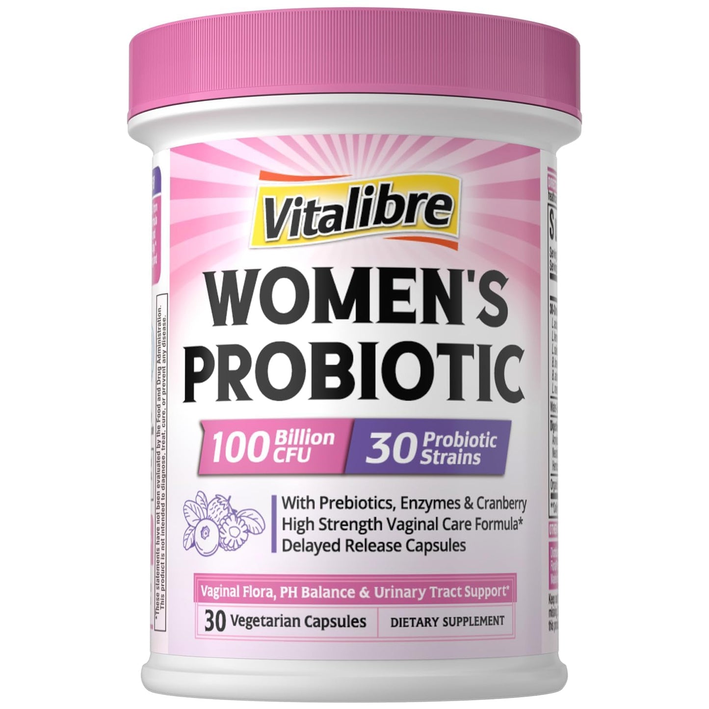 Vitalibre Probiotics for Women 30 Strains, 100 Billion CFU Vaginal Probiotics with Digestive Enzymes, Prebiotics & Cranberry for Urinary Tract Health, pH Balance, 30 Capsules