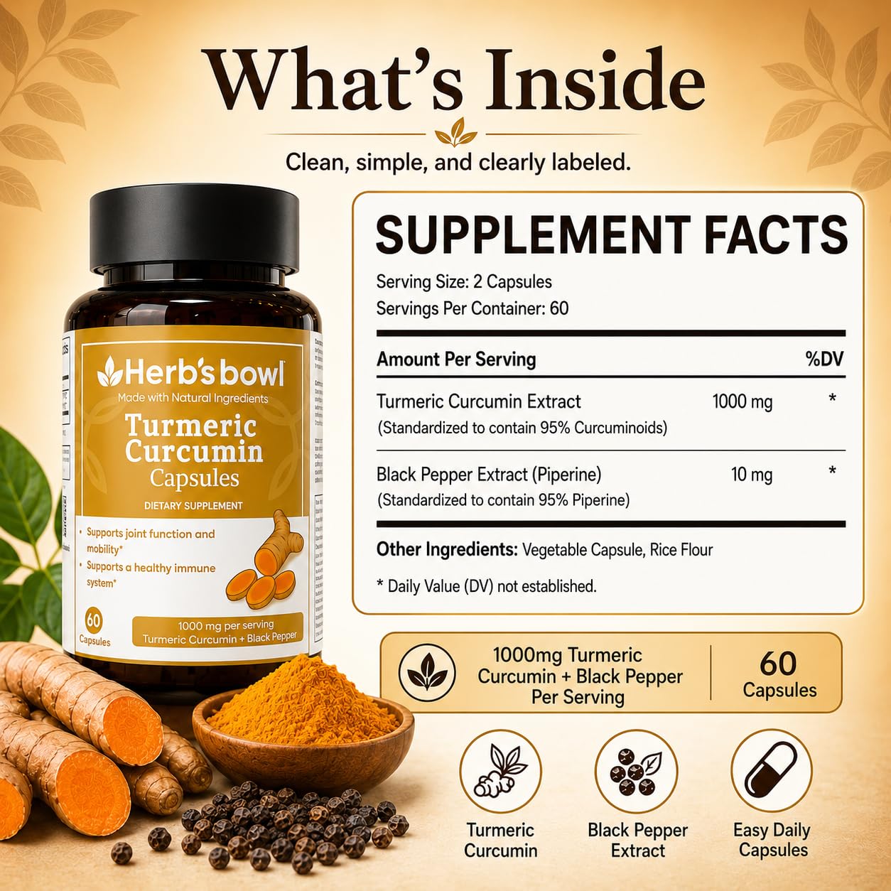 Herb'sbowl Turmeric Curcumin with Black Pepper Capsule, 60 Capsules