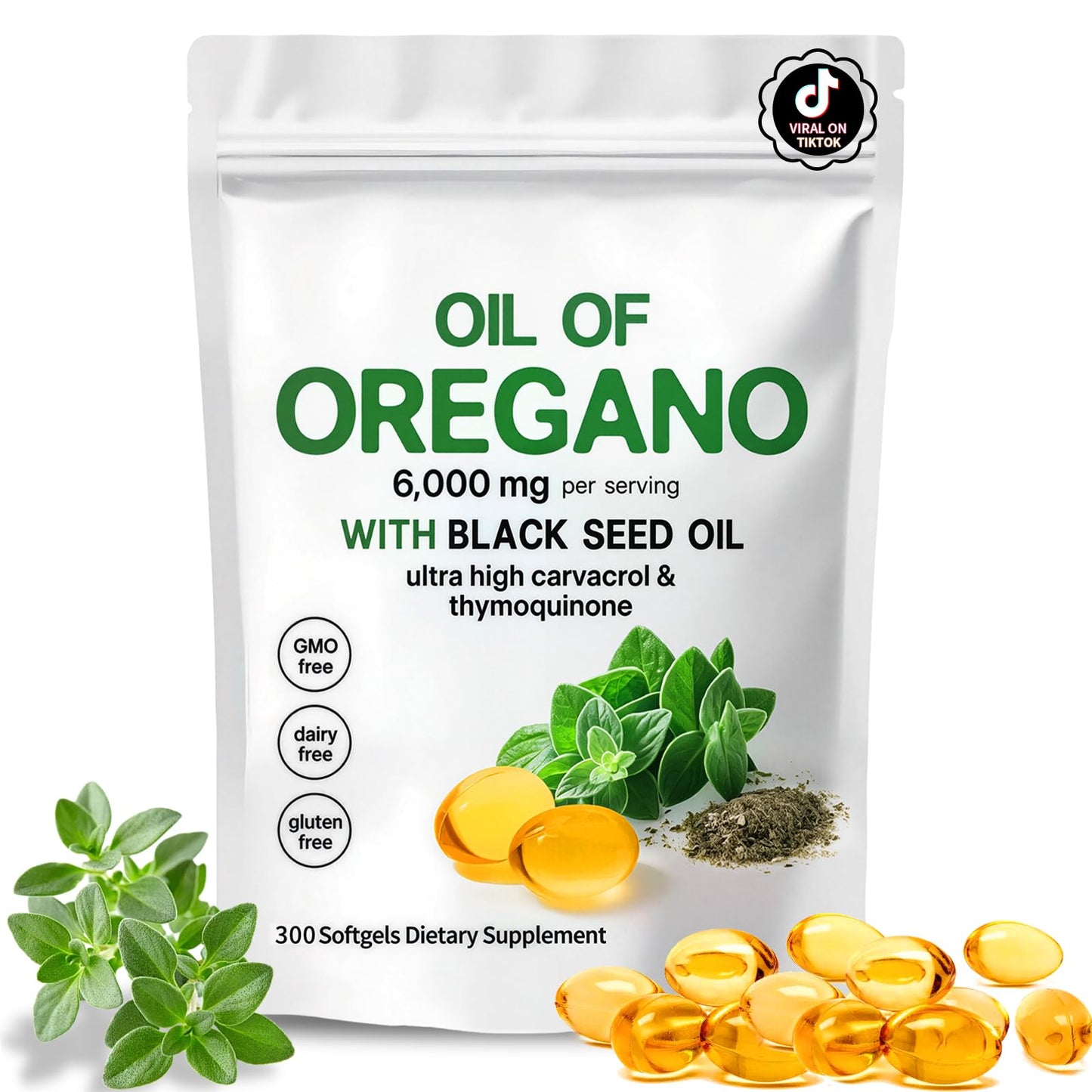 EOQIFJM Oil of Oregano with Black Seed Oil Capsules, 300 Capsules