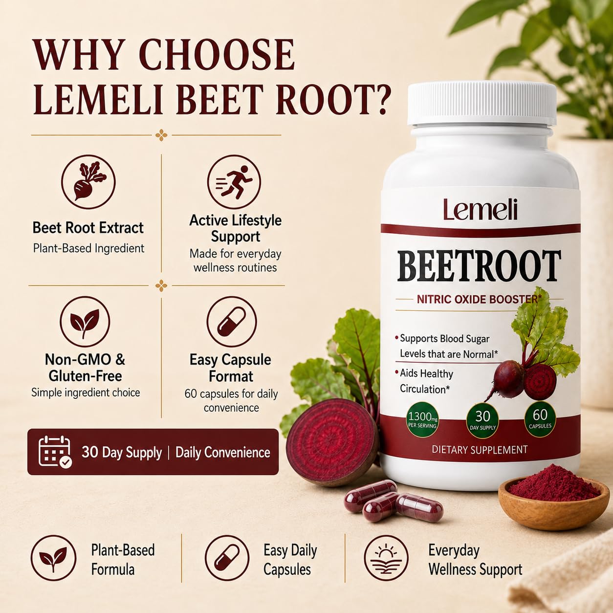 Lence Lemeli Beetroot 1300mg, Nitric Oxide Support Capsules, 60 Capsules