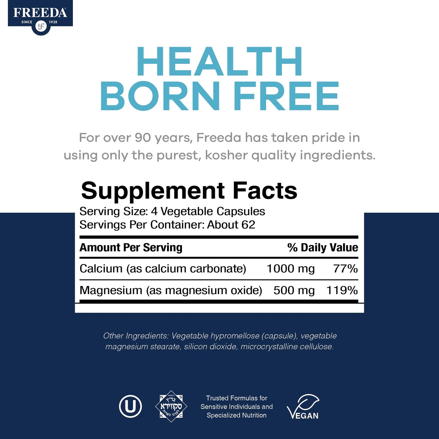 FREEDA 2:1 Calcium Magnesium Supplement Capsules, 250 Count