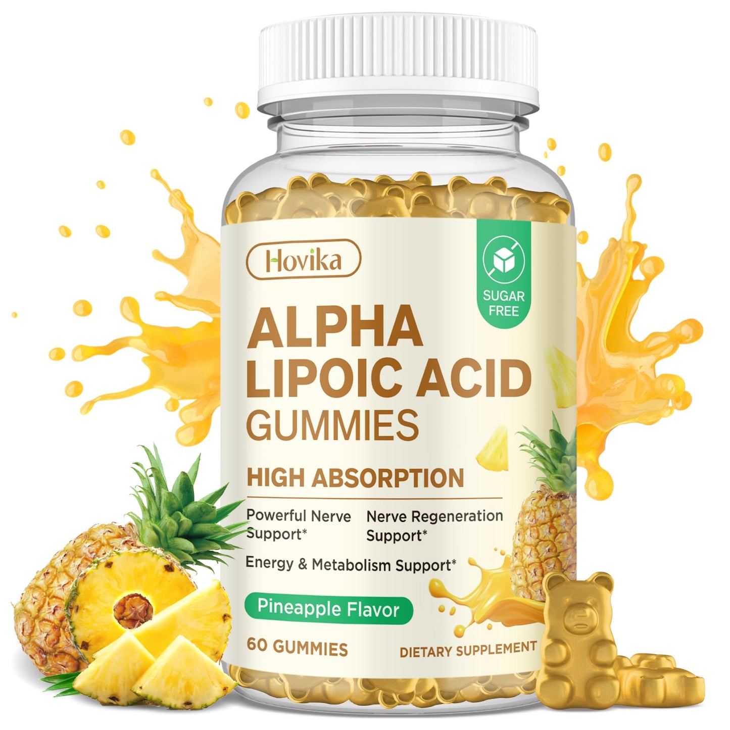 Hovika Alpha Lipoic Acid Gummies 600mg with Benfotiamine, Magnesium, NAC, Vitamin C & B12 for Nerve Support, Antioxidant and Energy & Metabolic, Vegan, Sugar Free, Pineapple Flavor, 60 Gummies